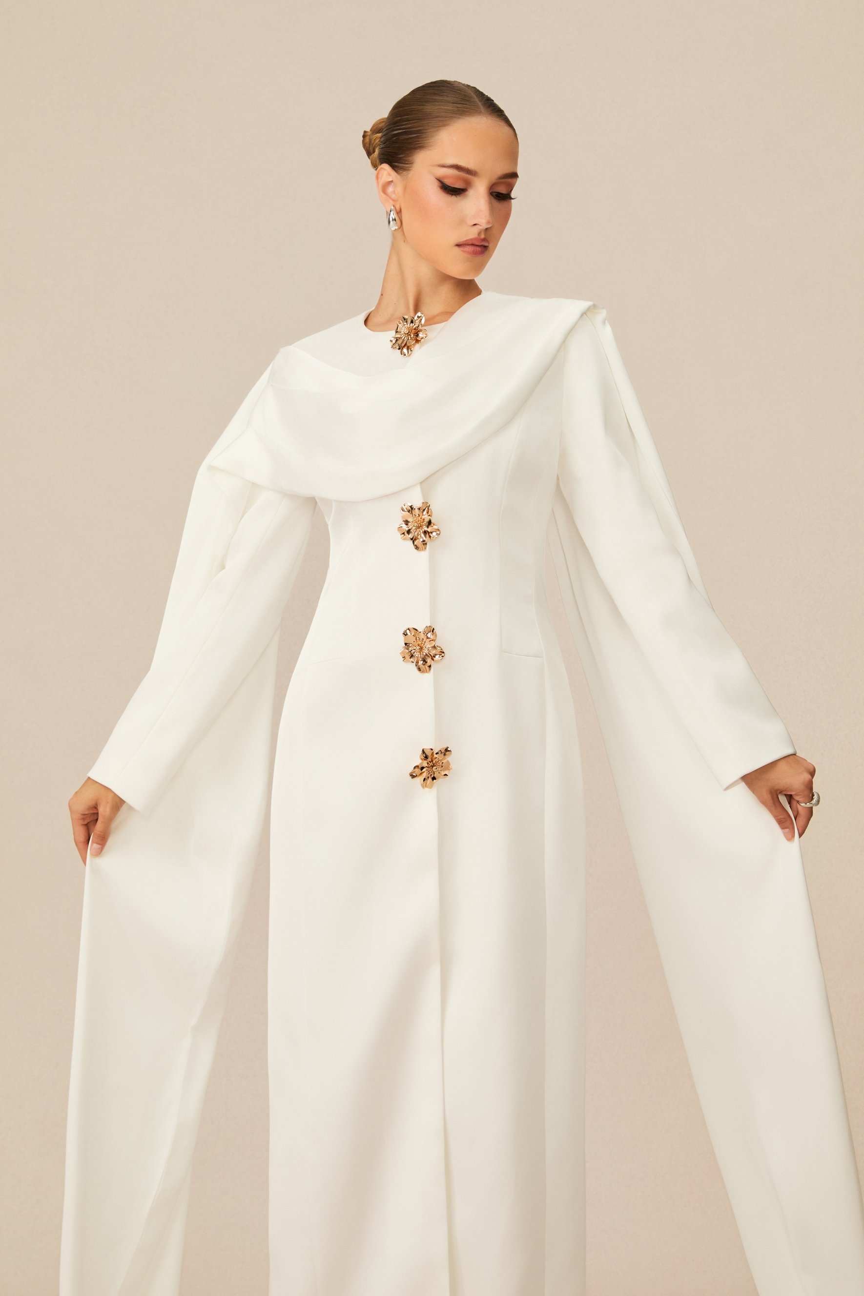 Forever Beloved White Cape Shoulder Floral Button Maxi Dress-purelyfable