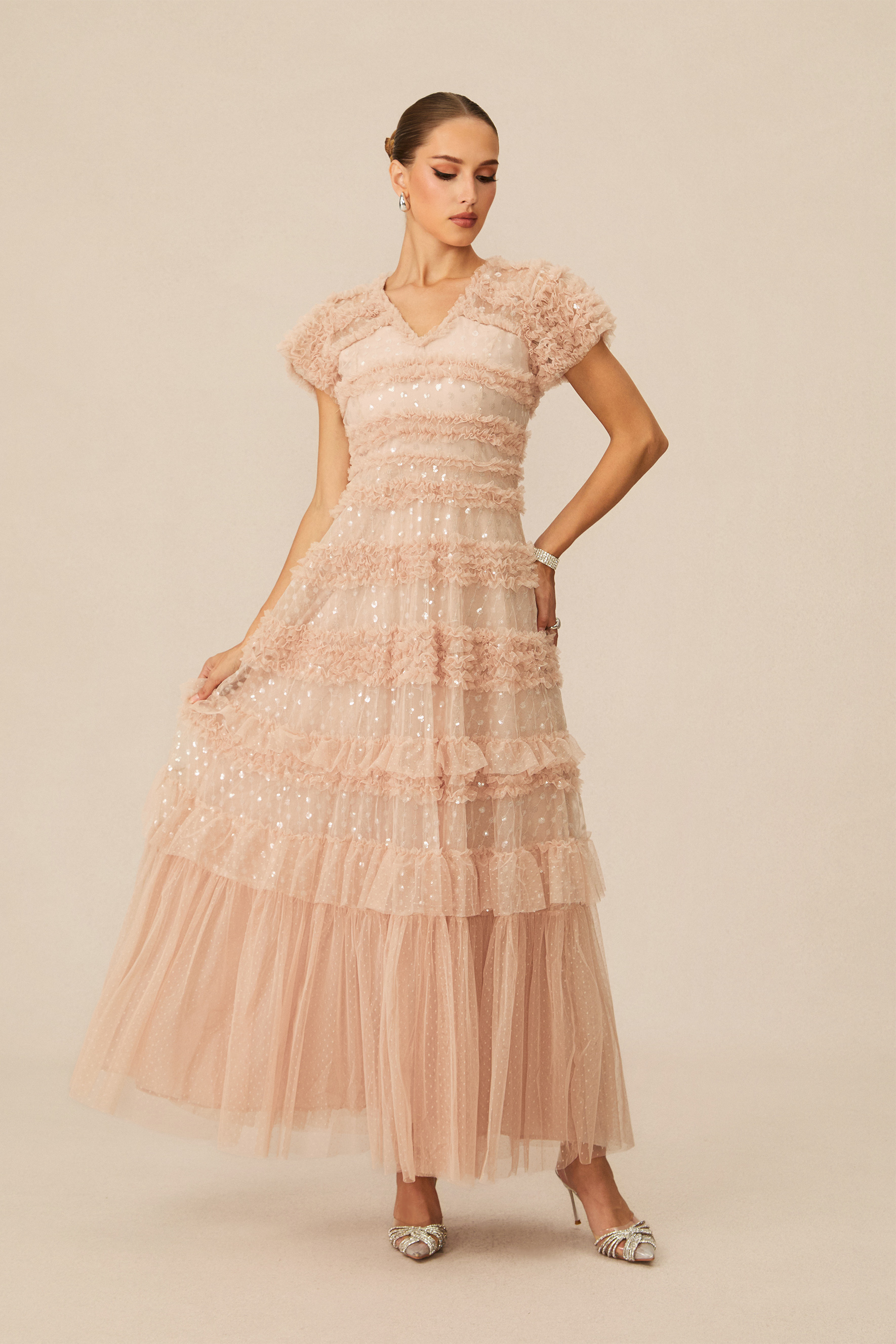 Dreamy Sweetness Nude Short Sleeve Tiered Maxi Dress-purelyfable