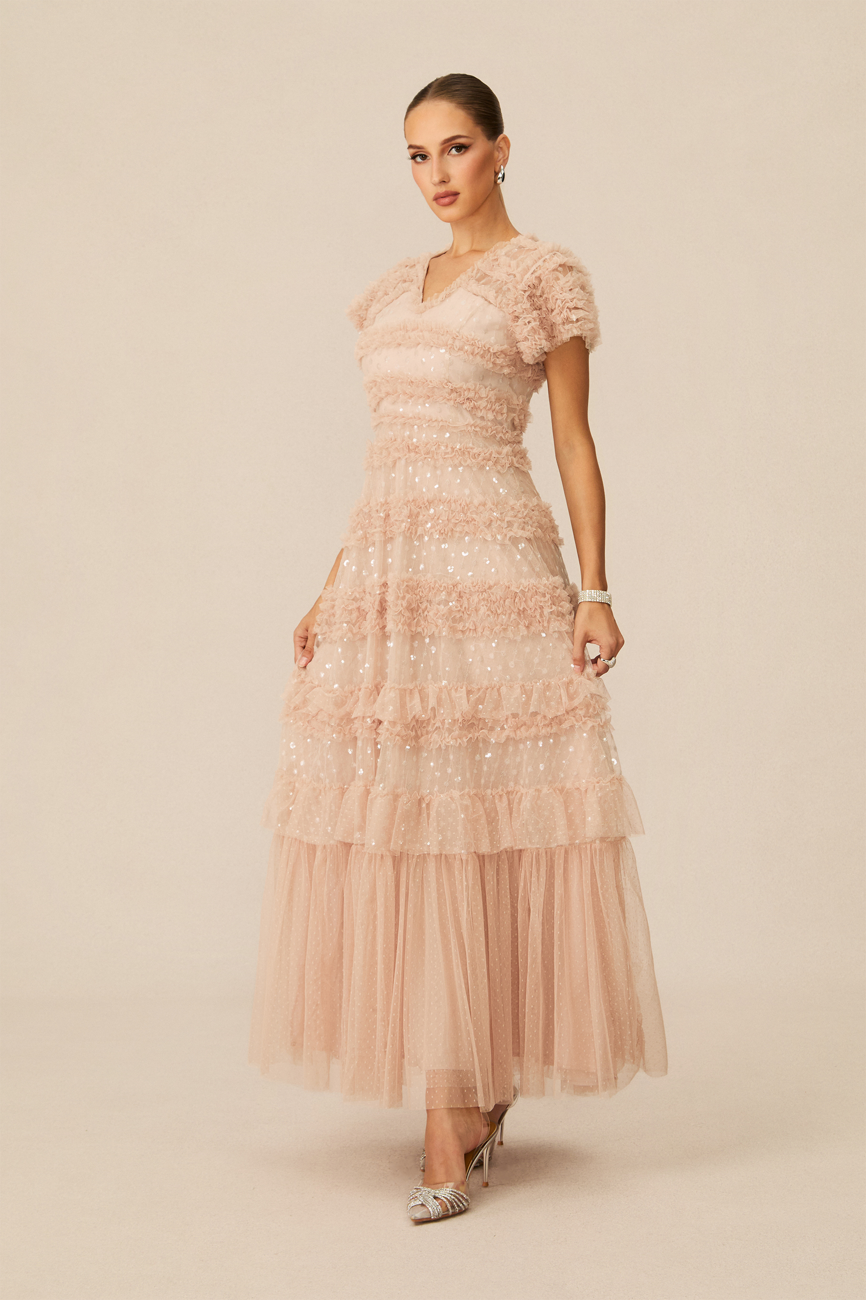 Dreamy Sweetness Nude Short Sleeve Tiered Maxi Dress-purelyfable