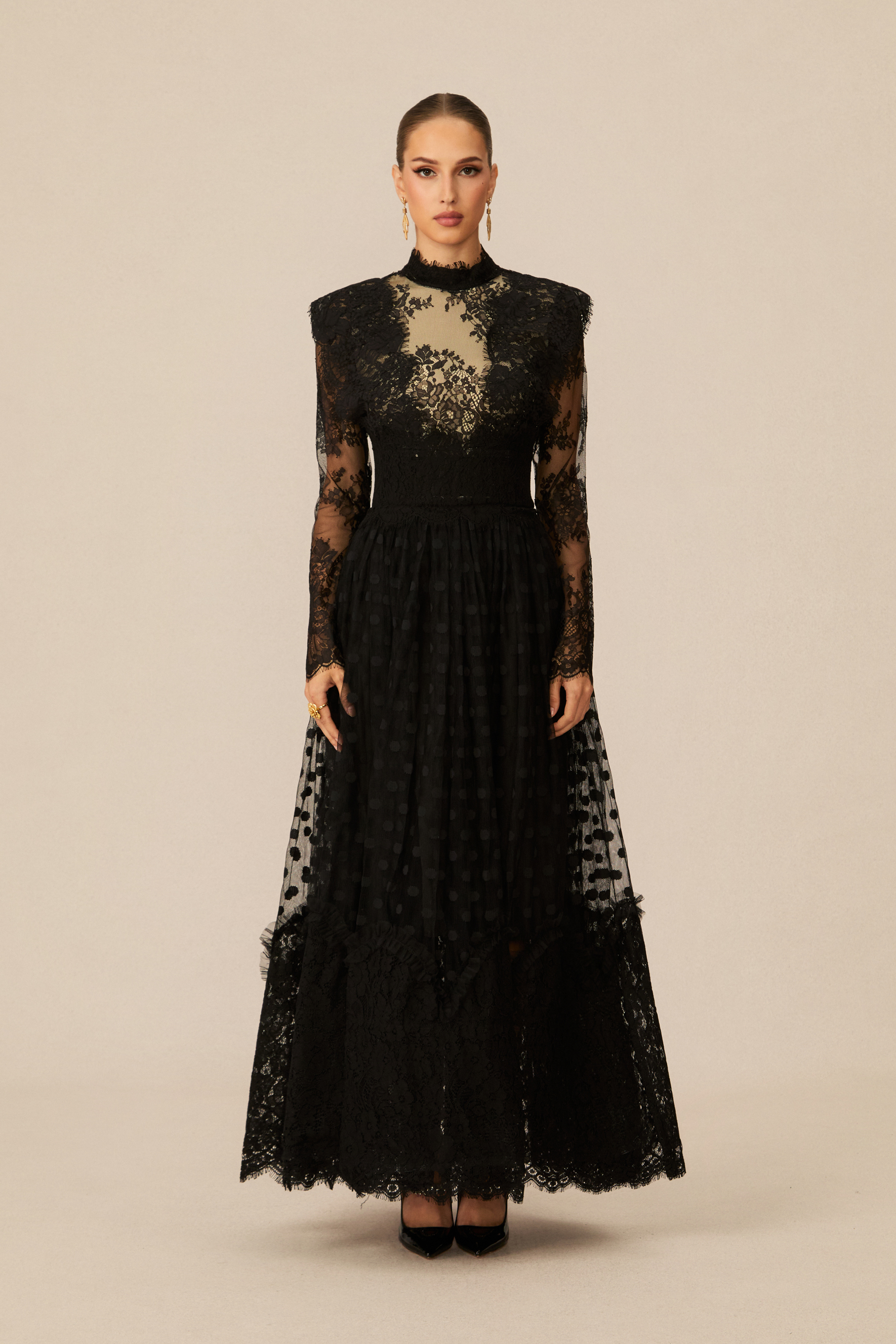 Elegant Enchantment Black Polka Dot Lace Maxi Dress-purelyfable