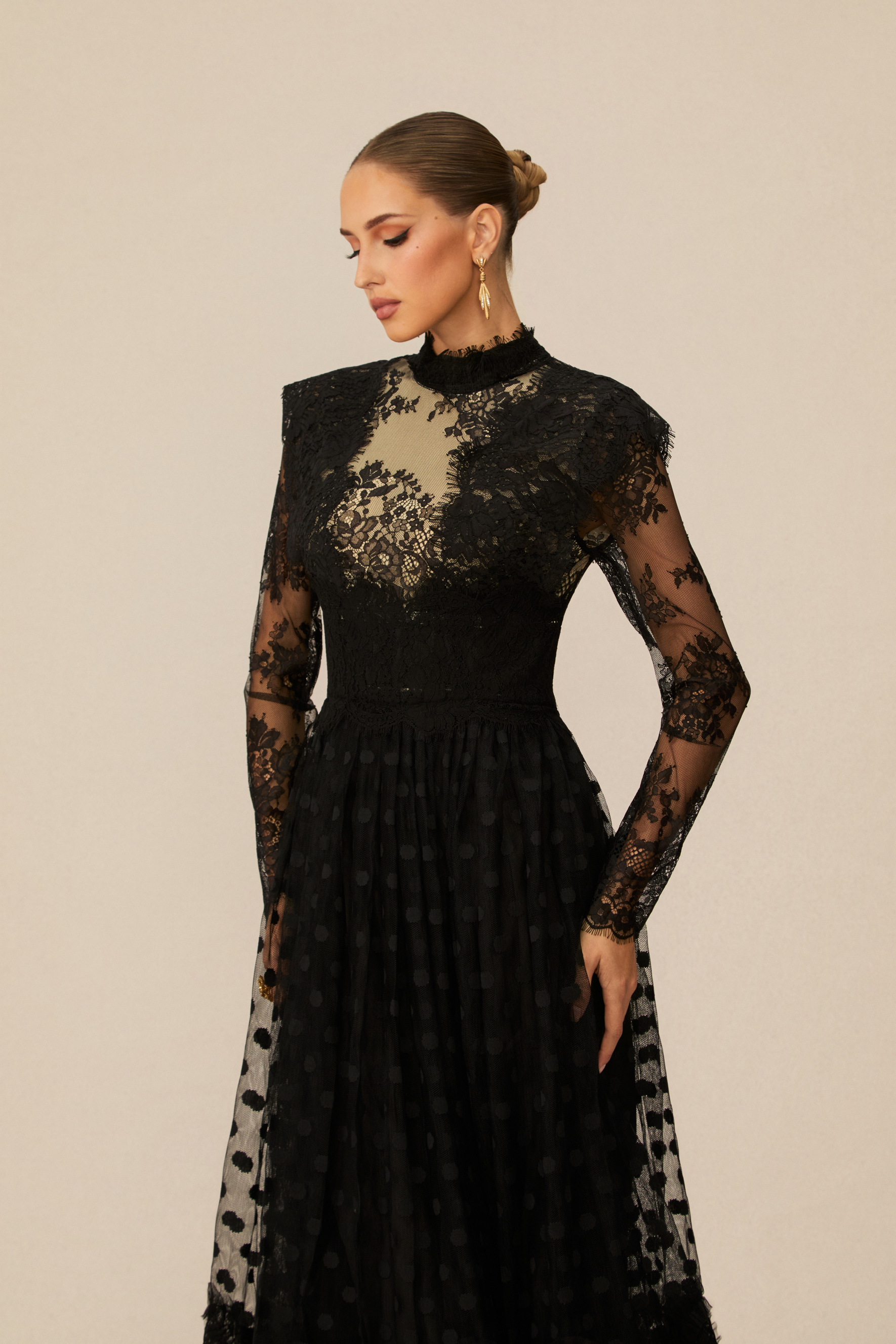 Elegant Enchantment Black Polka Dot Lace Maxi Dress-purelyfable