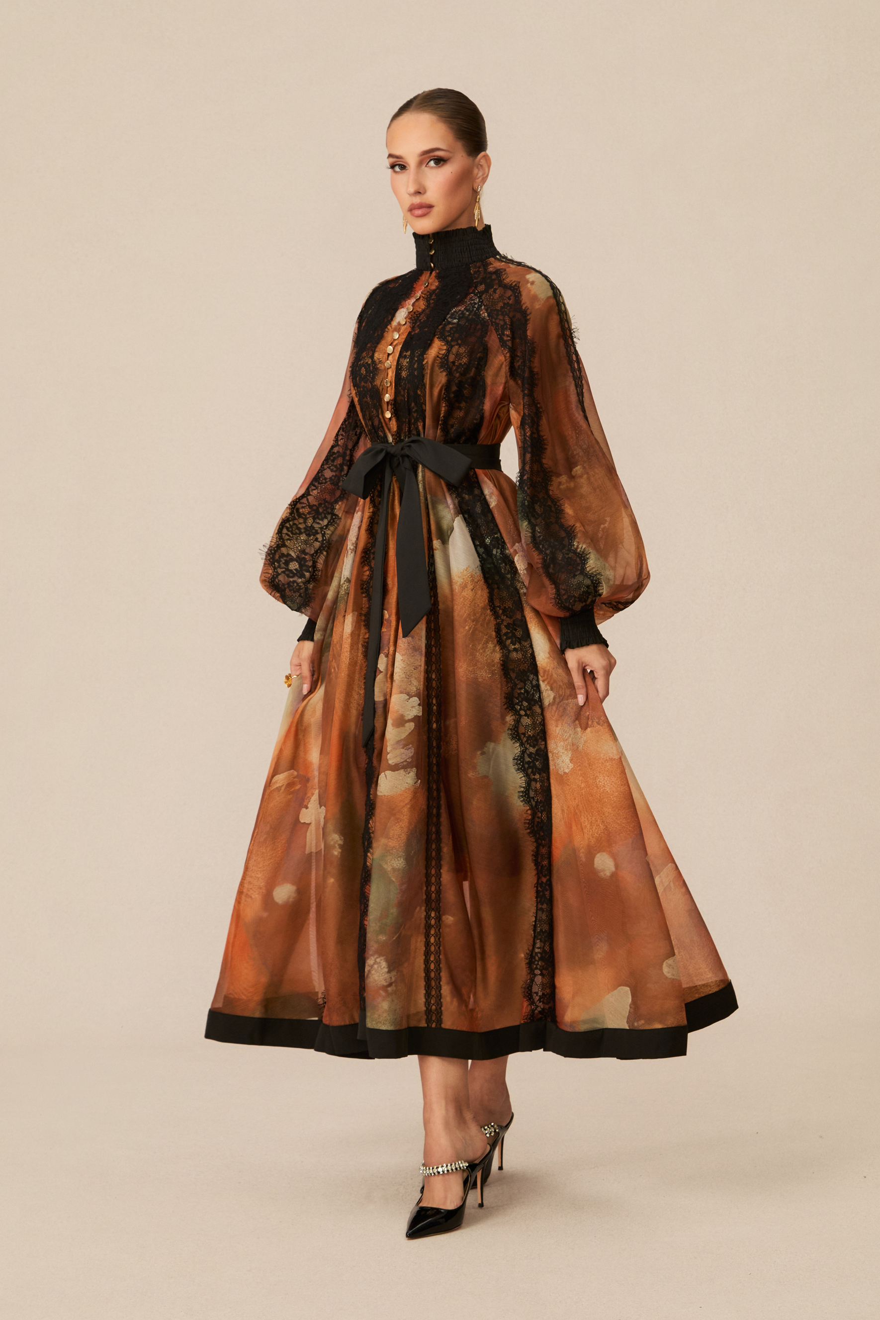Alluring Glam Orange Lace Panel Midi Dress-purelyfable