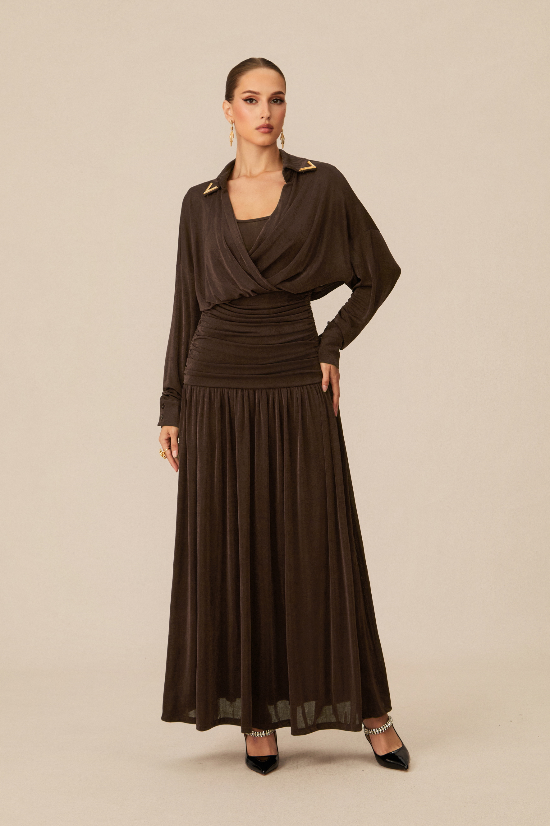 Lois V-Neck Ruched Waist Maxi Dress-purelyfable