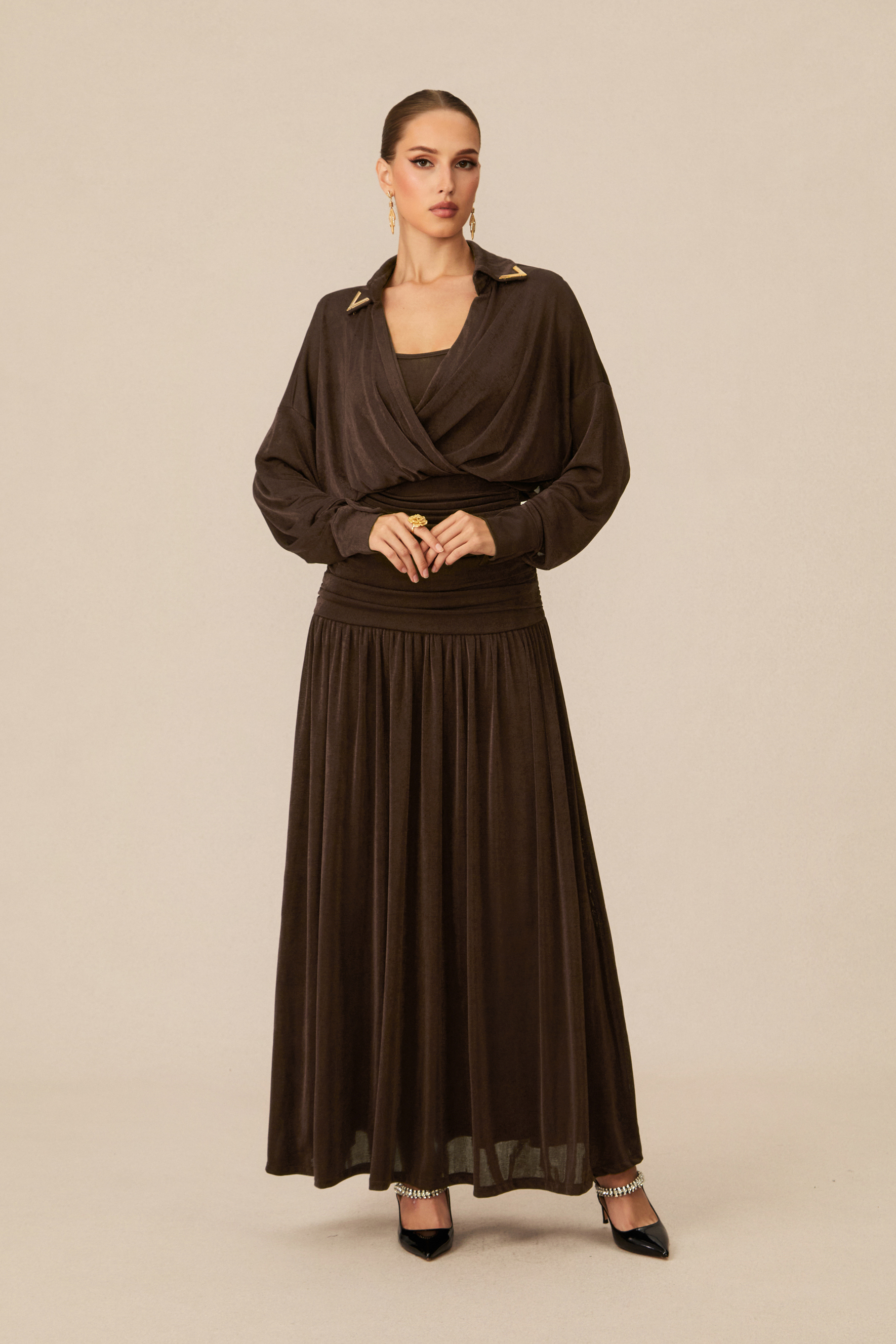 Lois V-Neck Ruched Waist Maxi Dress-purelyfable