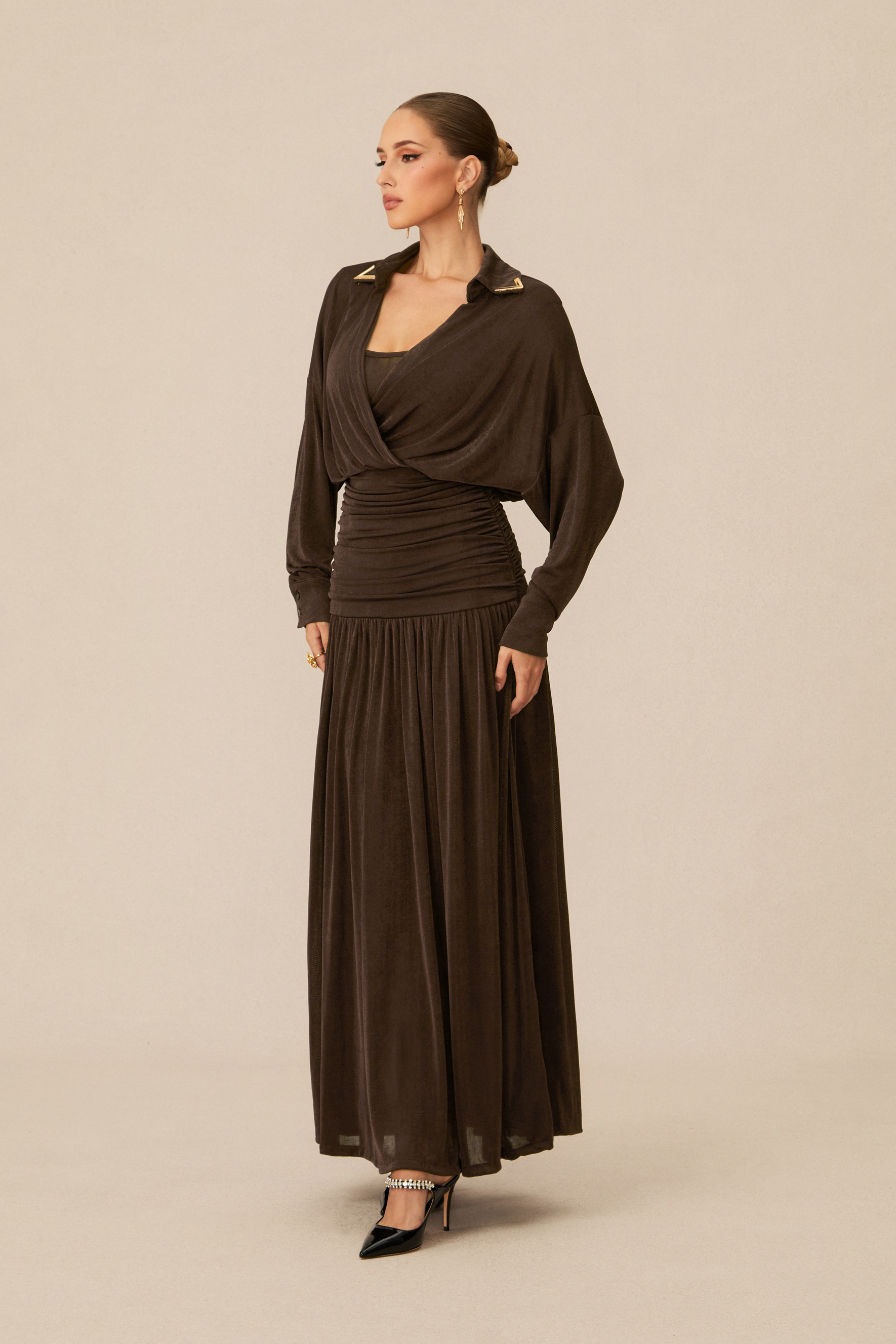 Lois V-Neck Ruched Waist Maxi Dress-purelyfable