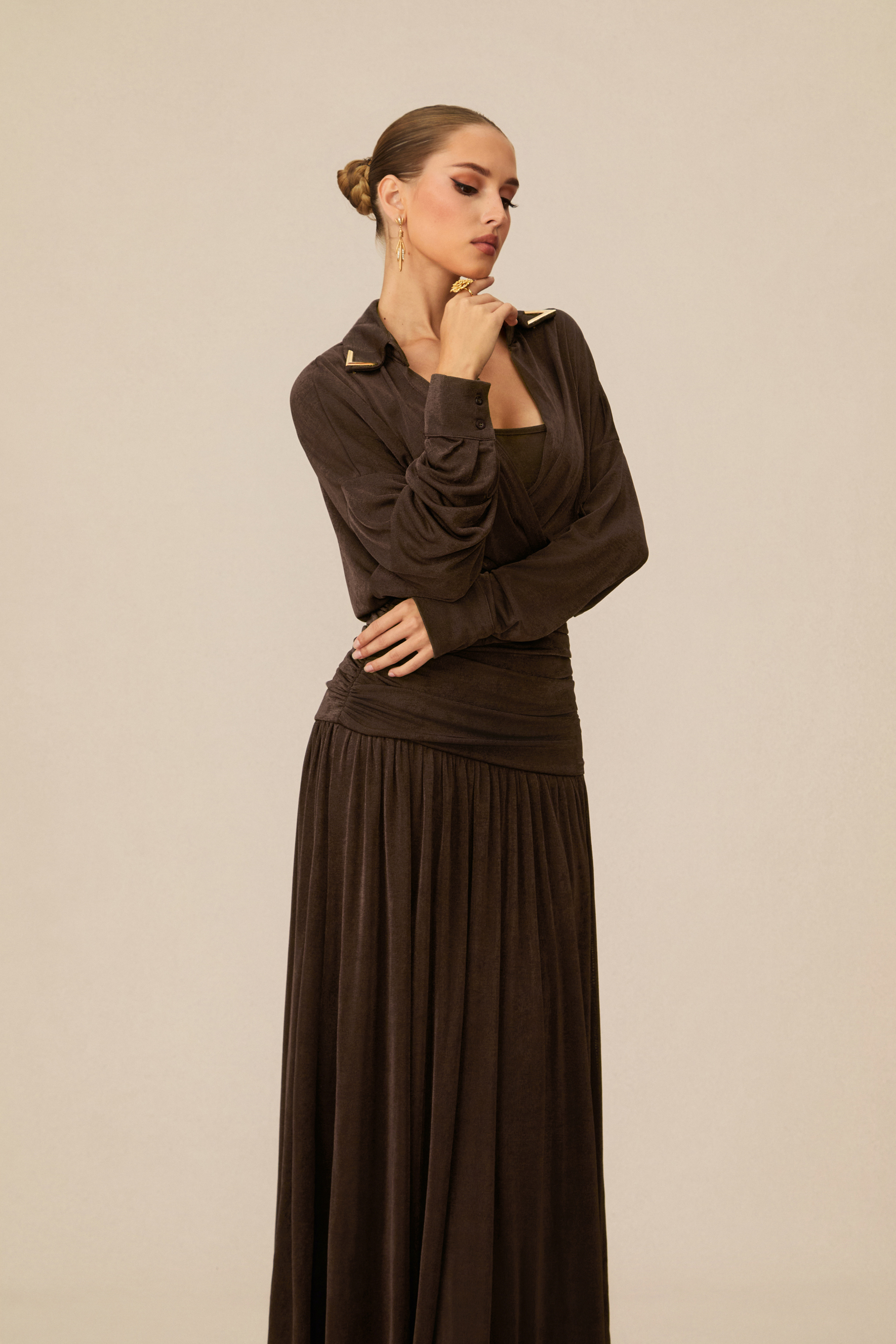 Lois V-Neck Ruched Waist Maxi Dress-purelyfable