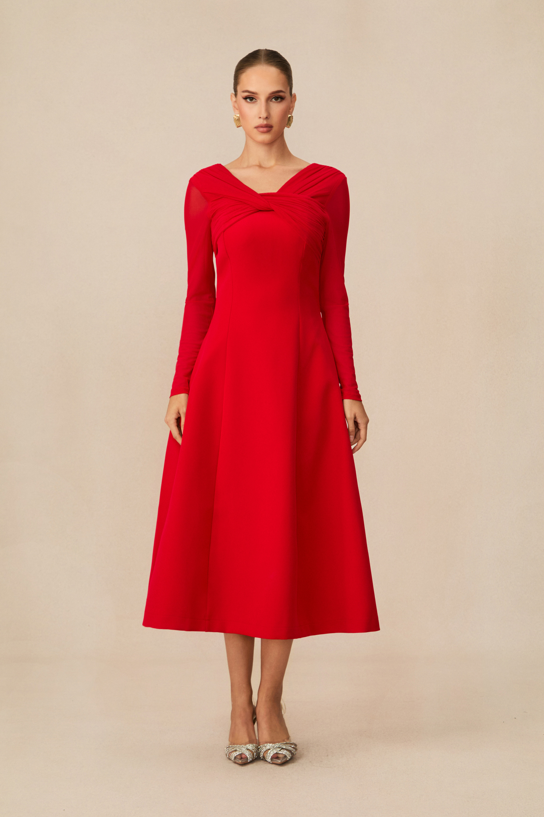 Eye-Catching Red Twist Front Midi Dress-purelyfable