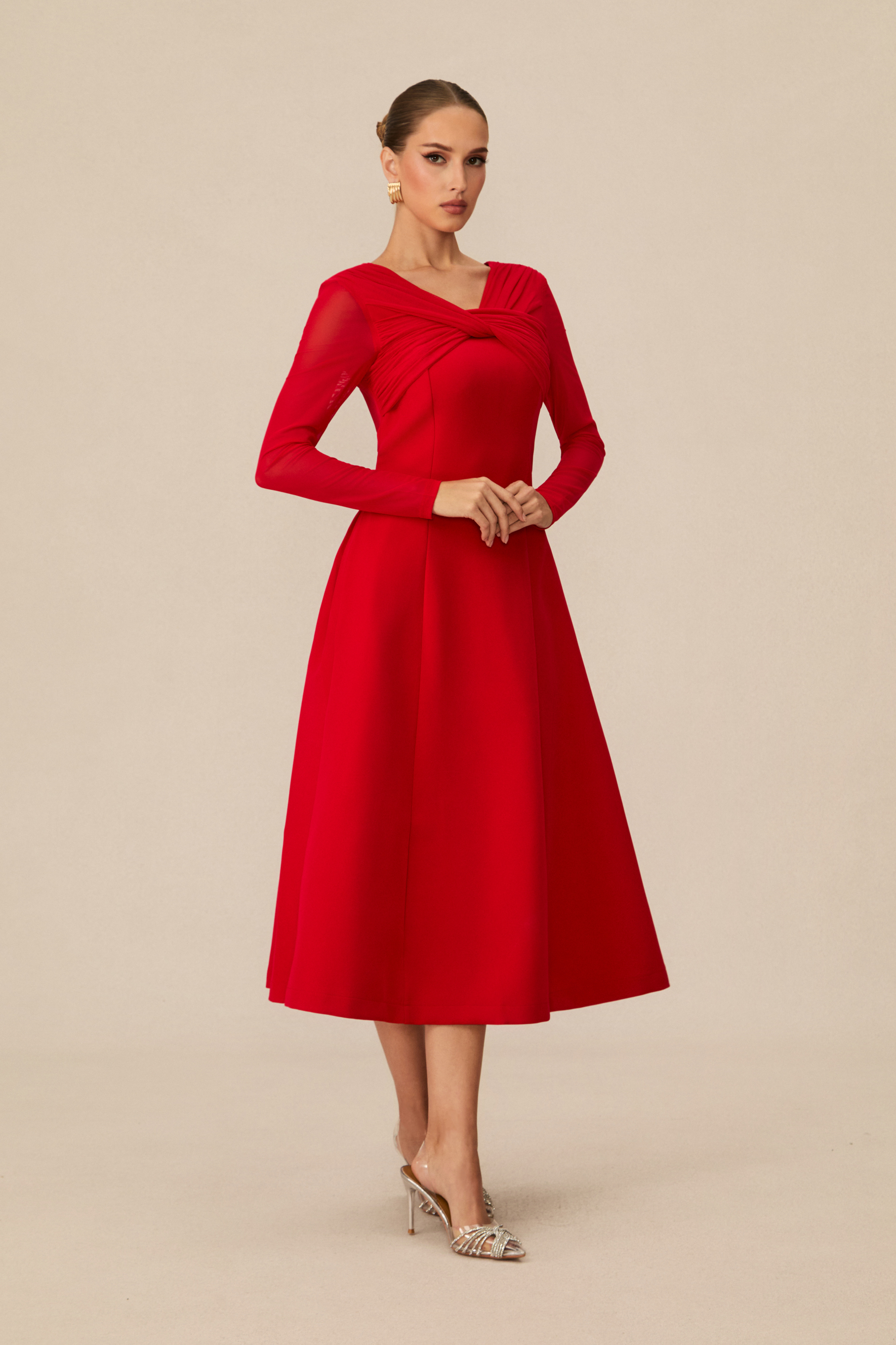 Eye-Catching Red Twist Front Midi Dress-purelyfable