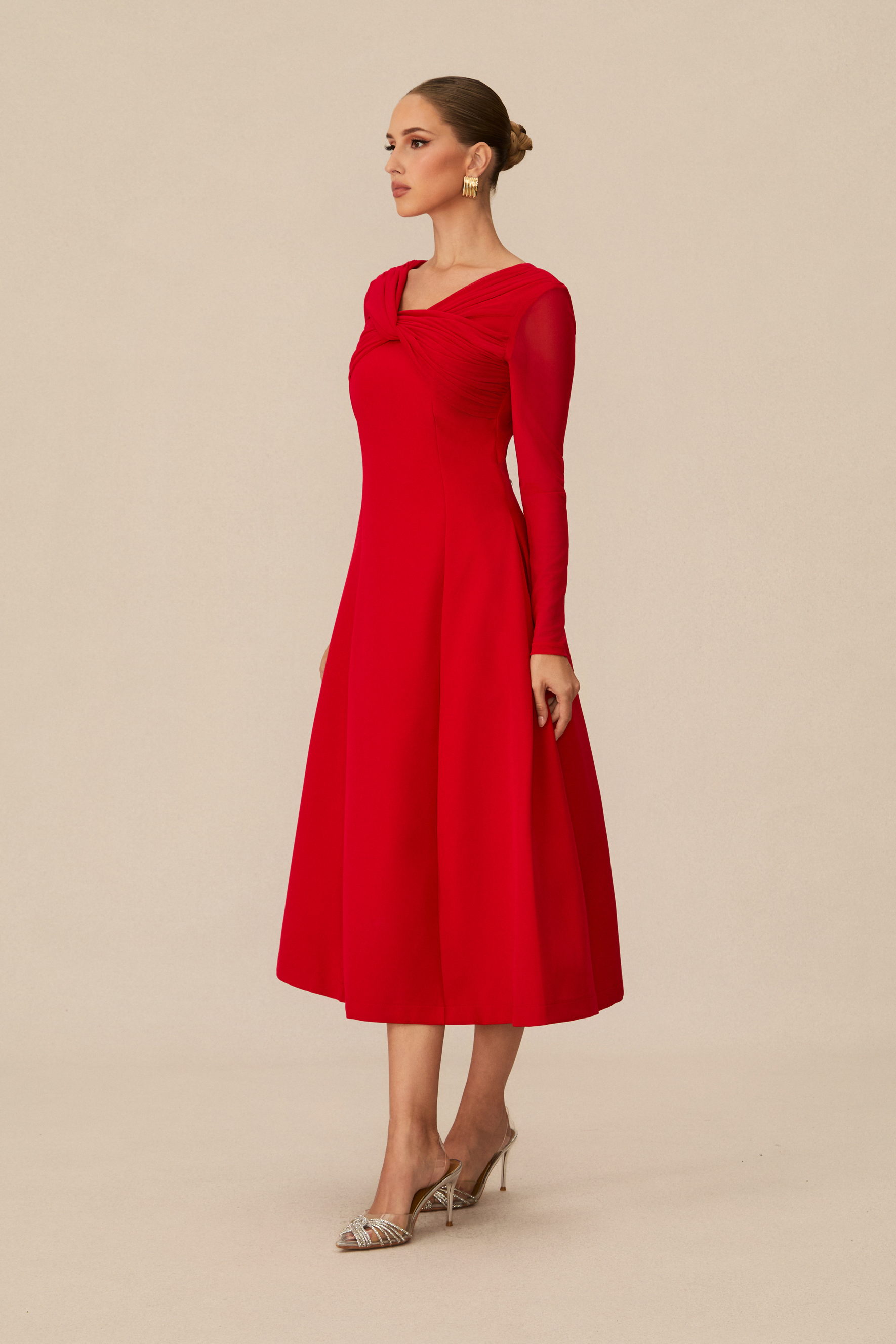 Eye-Catching Red Twist Front Midi Dress-purelyfable