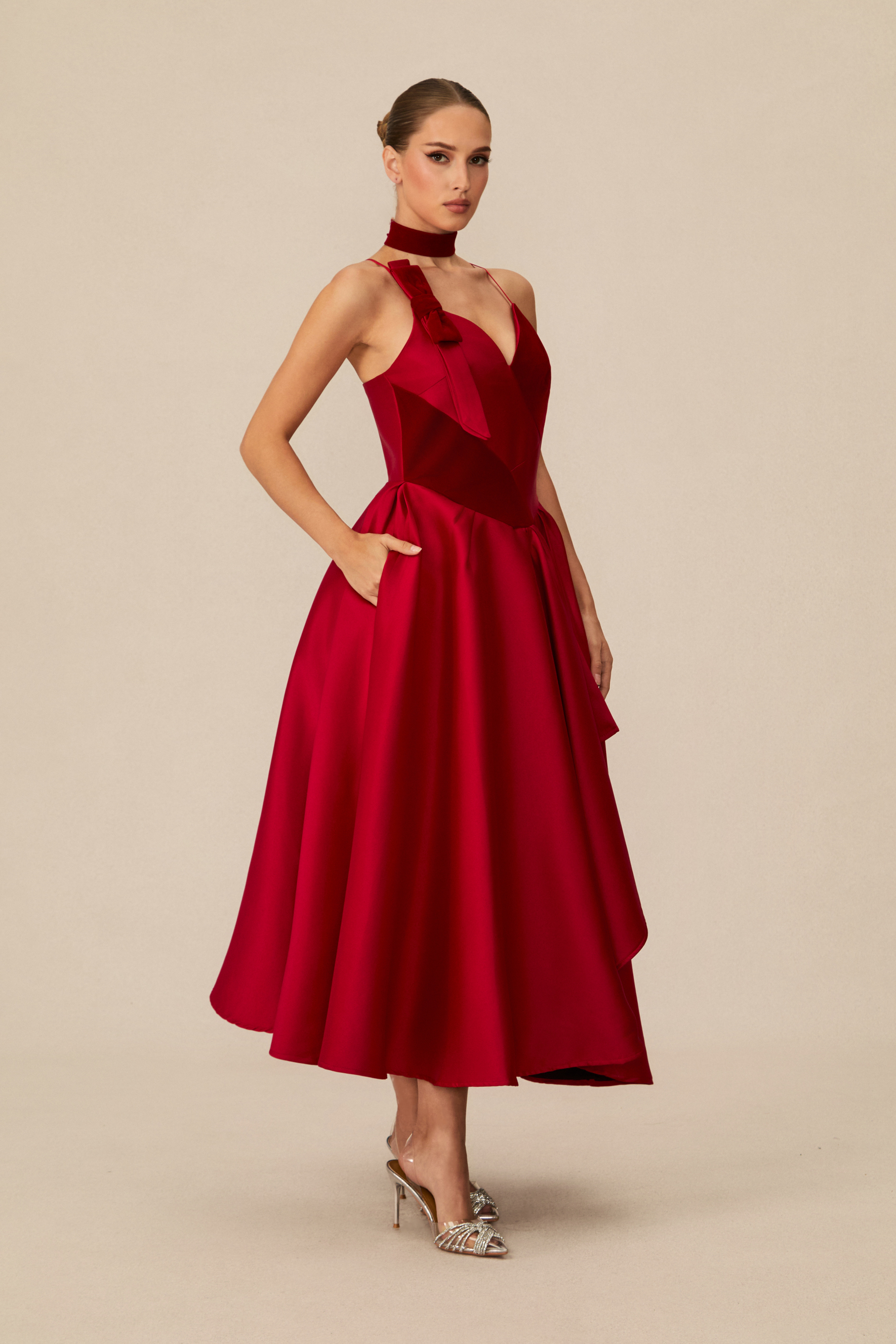 Luxurious Vision Red Velvet Panel Asymmetric Midi Dress-purelyfable