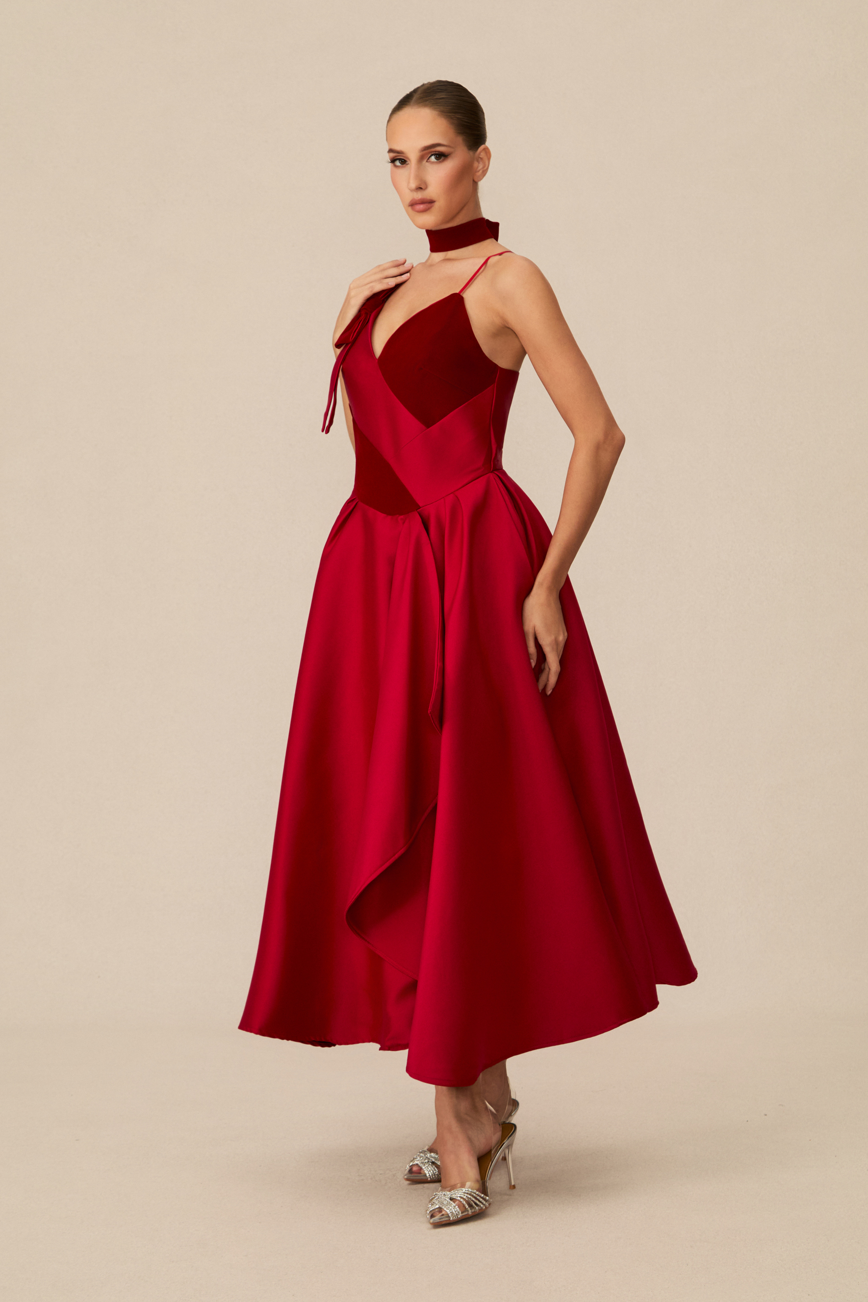 Luxurious Vision Red Velvet Panel Asymmetric Midi Dress-purelyfable
