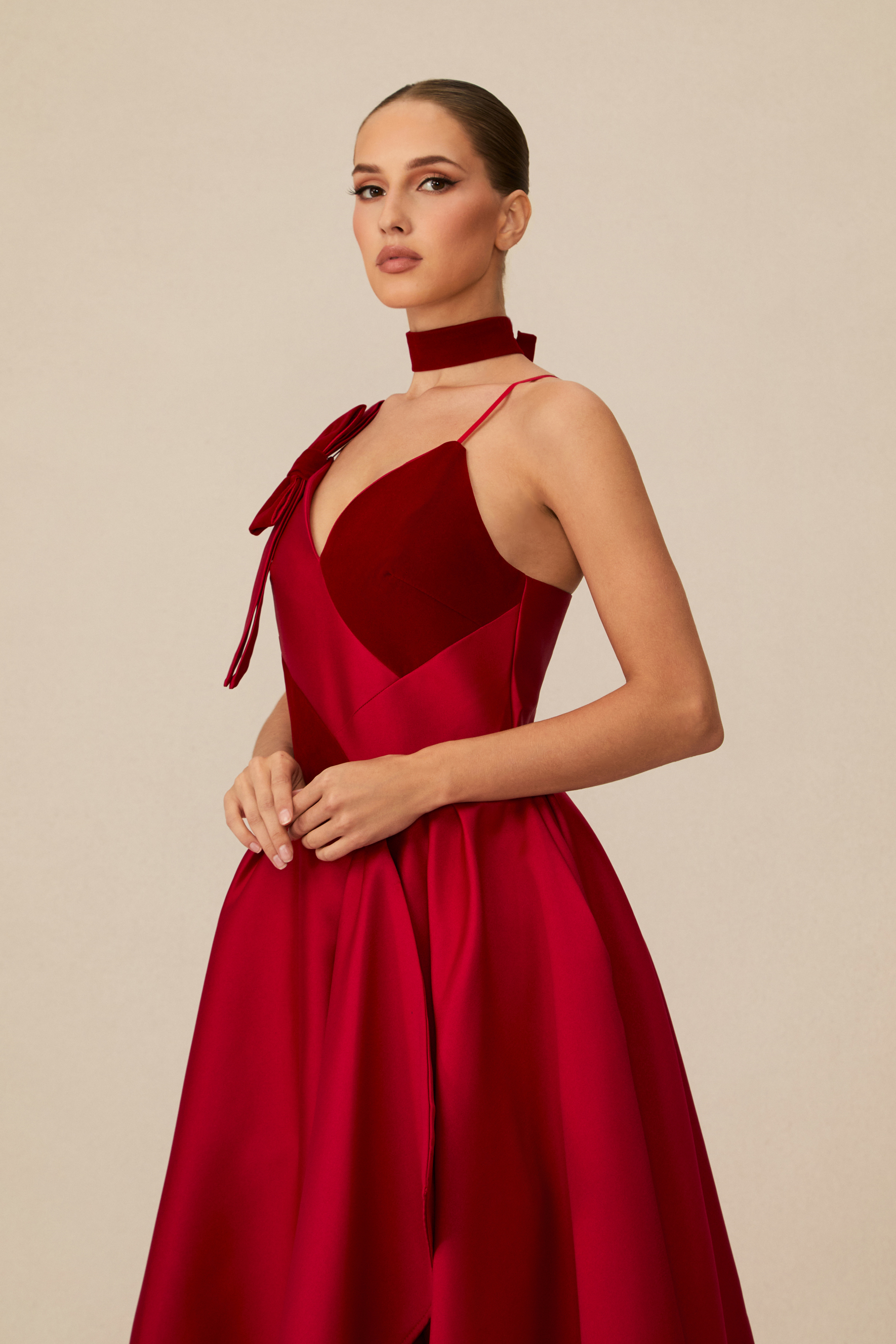 Luxurious Vision Red Velvet Panel Asymmetric Midi Dress-purelyfable