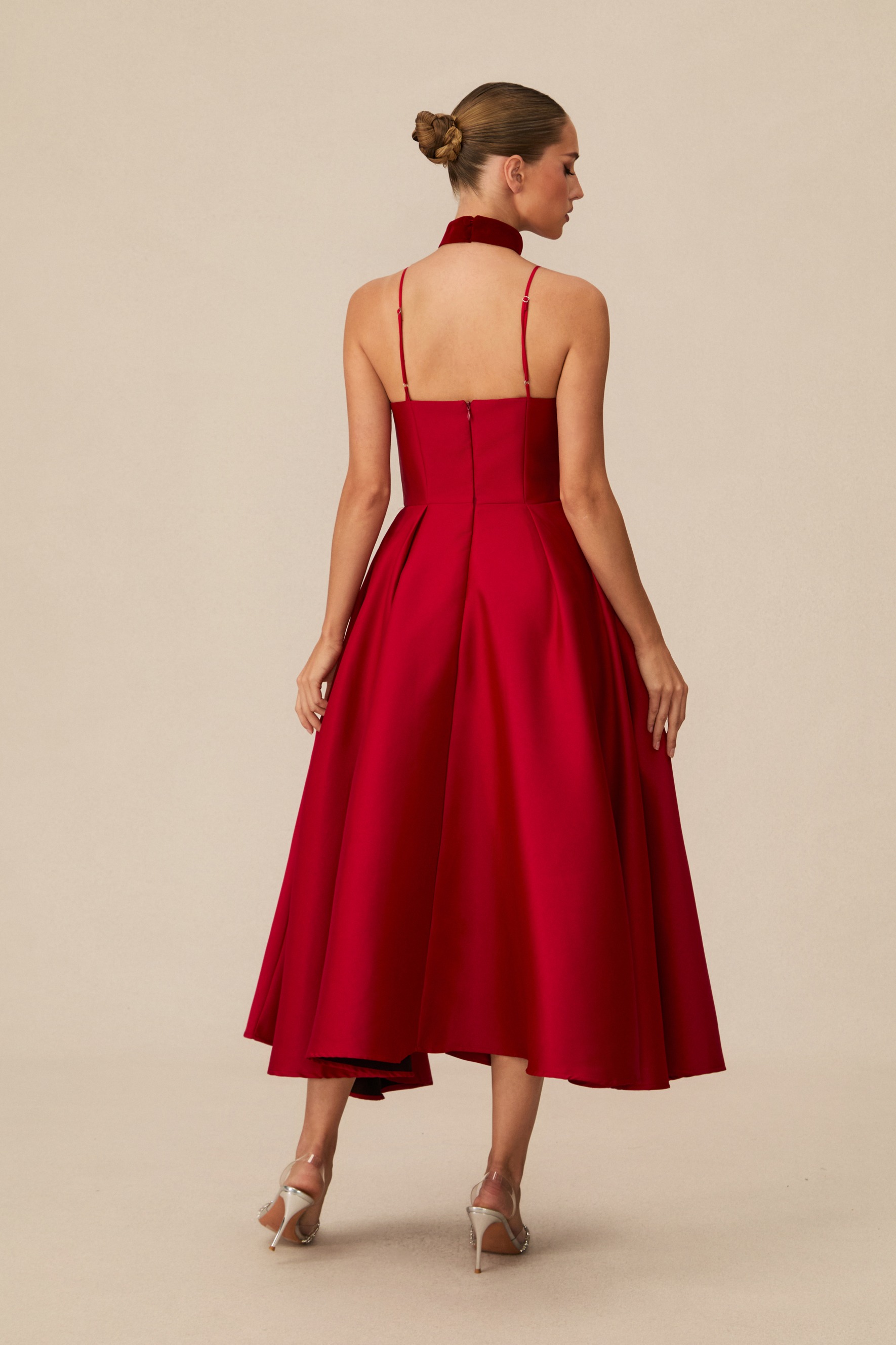 Luxurious Vision Red Velvet Panel Asymmetric Midi Dress-purelyfable