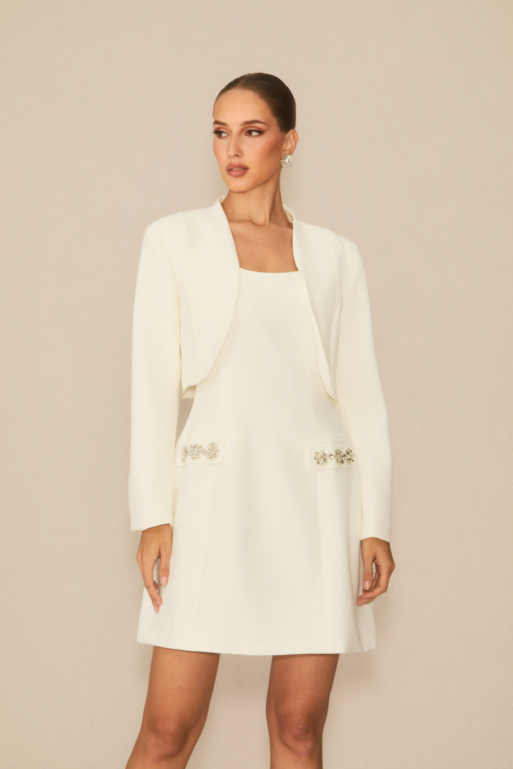 Flawless Confidence White Crystal Trim Mini Dress & Cropped Blazer Set-purelyfable