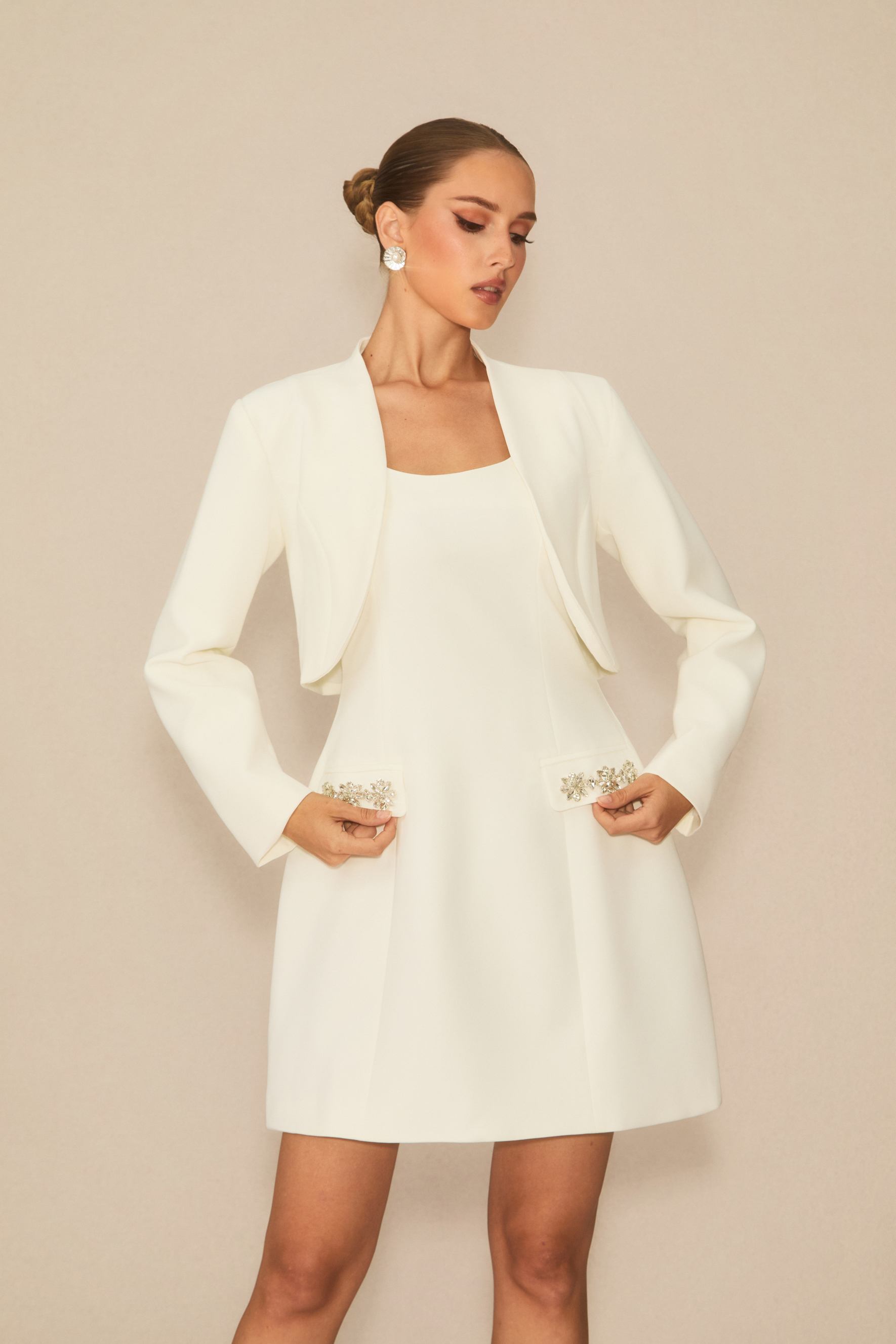 Flawless Confidence White Crystal Trim Mini Dress & Cropped Blazer Set-purelyfable
