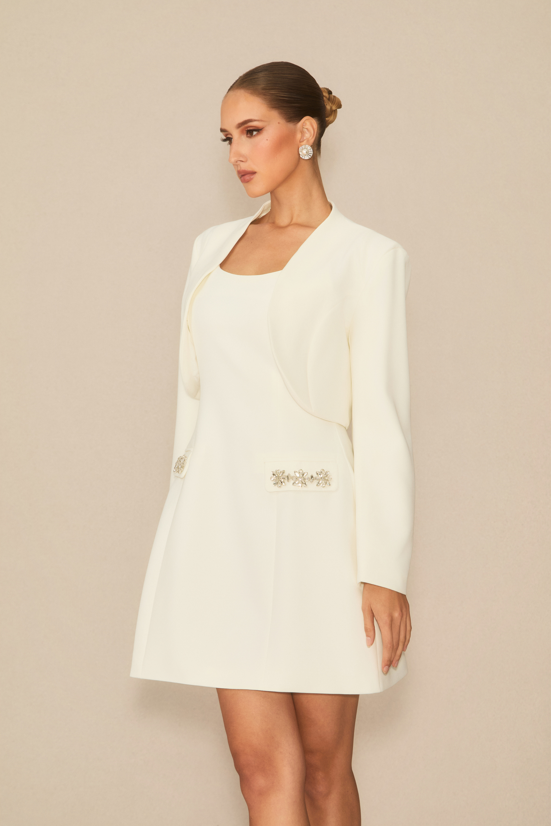 Flawless Confidence White Crystal Trim Mini Dress & Cropped Blazer Set-purelyfable