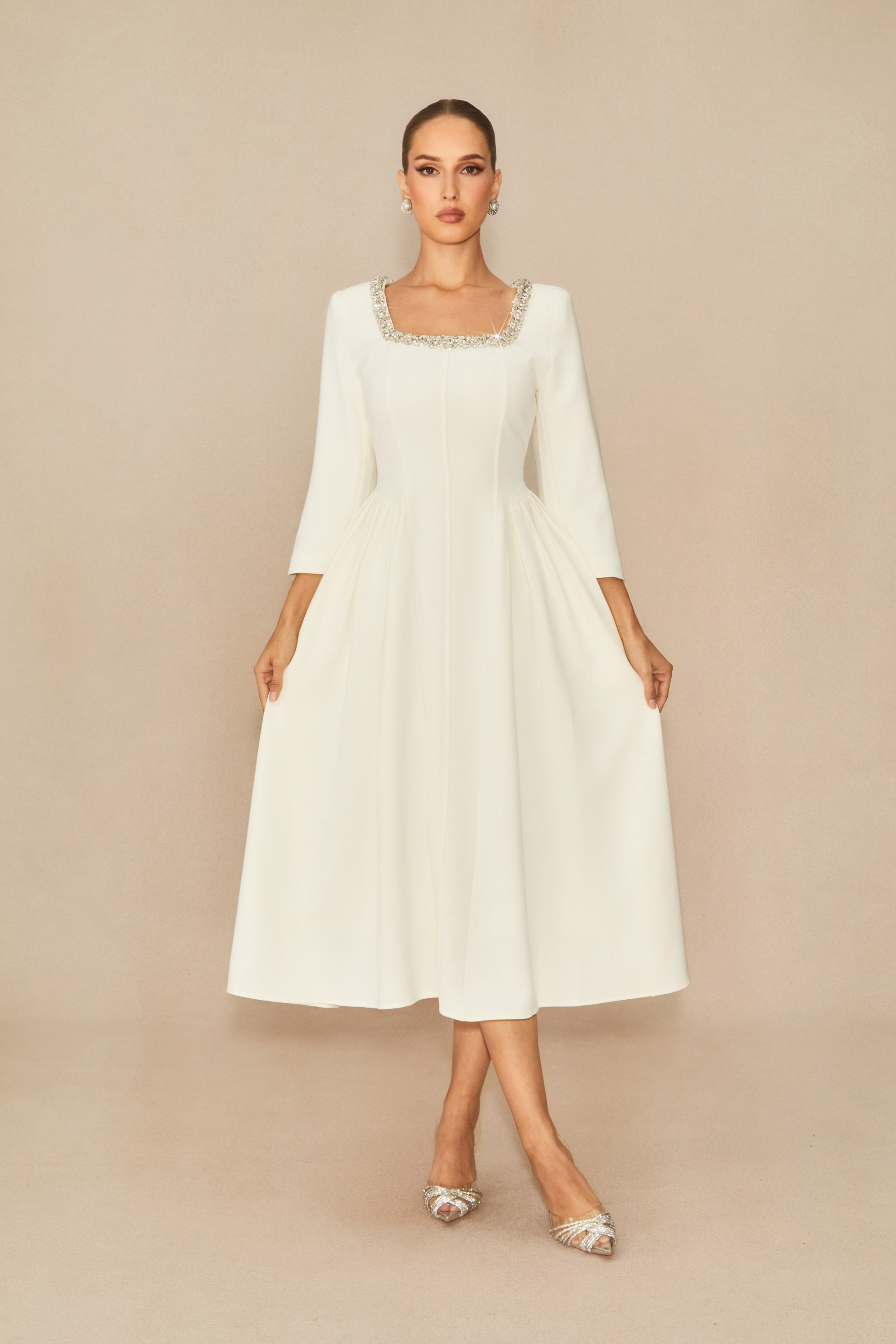 Moment Maker White Crystal Embellished Midi Dress-purelyfable