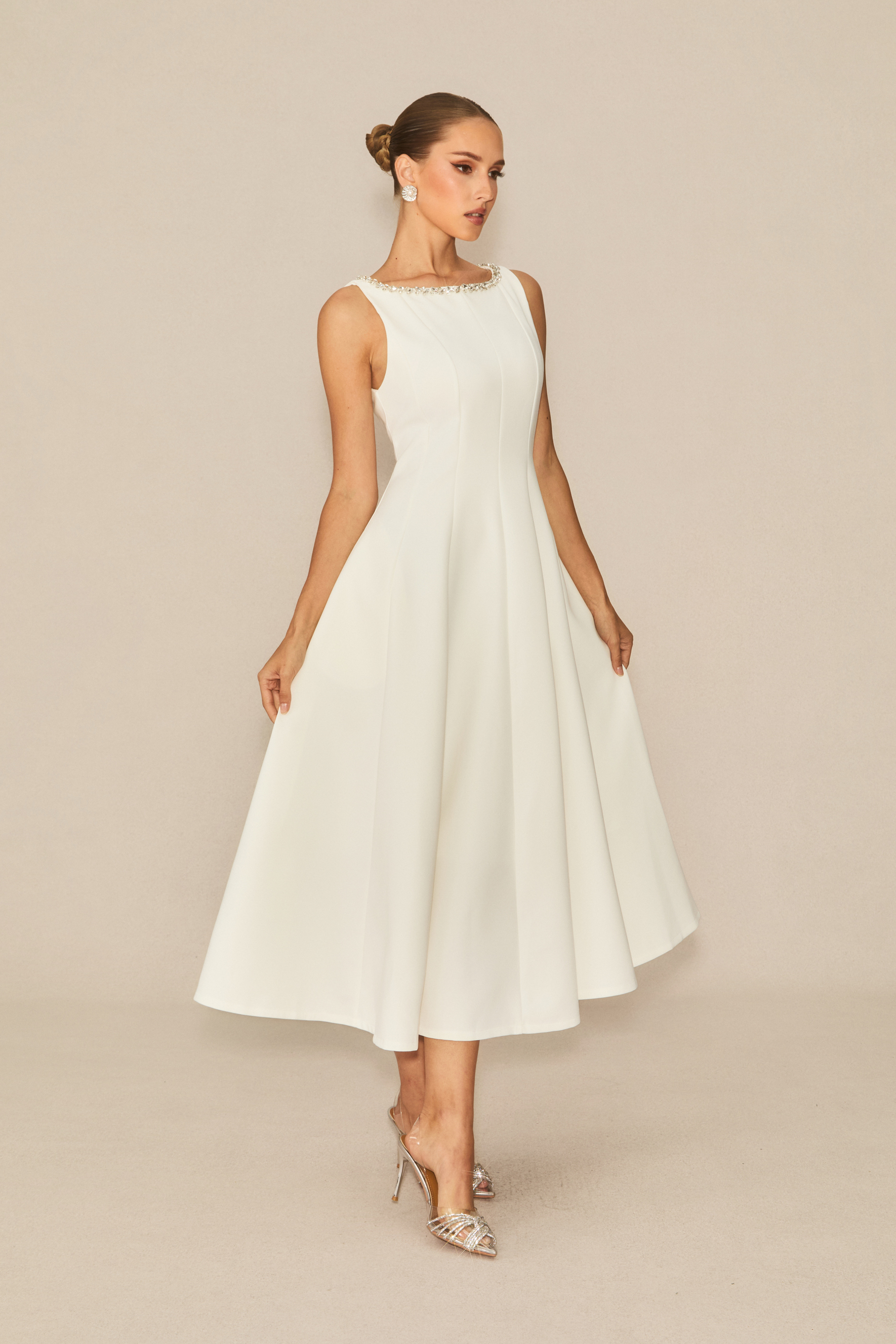 Captured Your Heart White Embellished Sleeveless Midi Dress-purelyfable