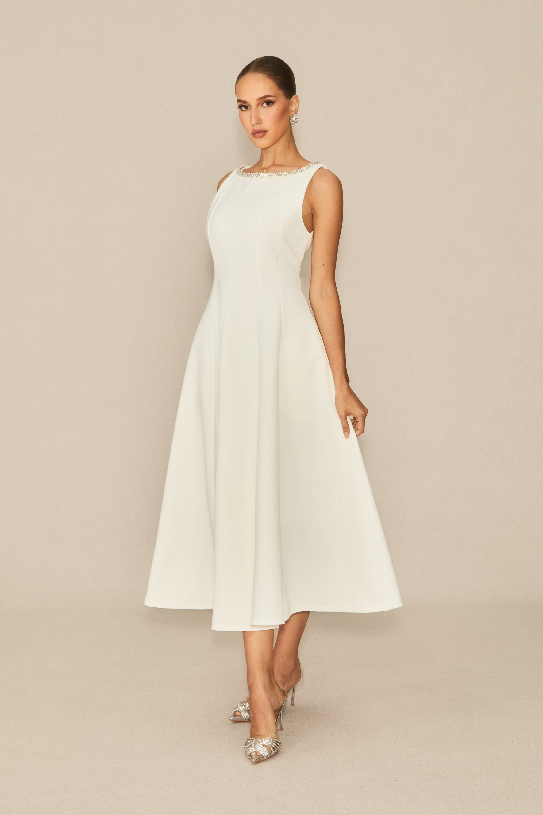 Captured Your Heart White Embellished Sleeveless Midi Dress-purelyfable