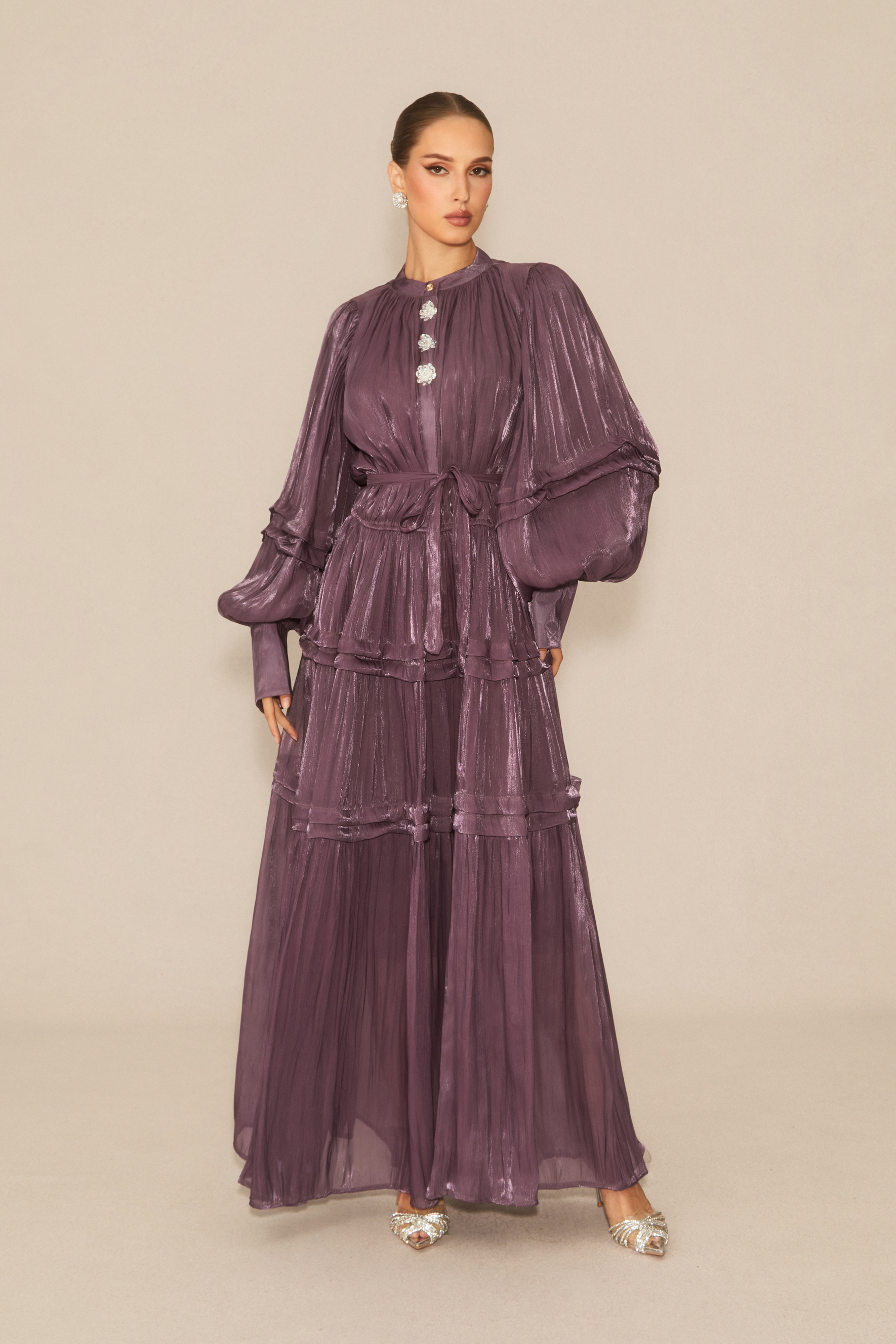 Luxurious Vision Purple Balloon Sleeve Maxi Dress-purelyfable