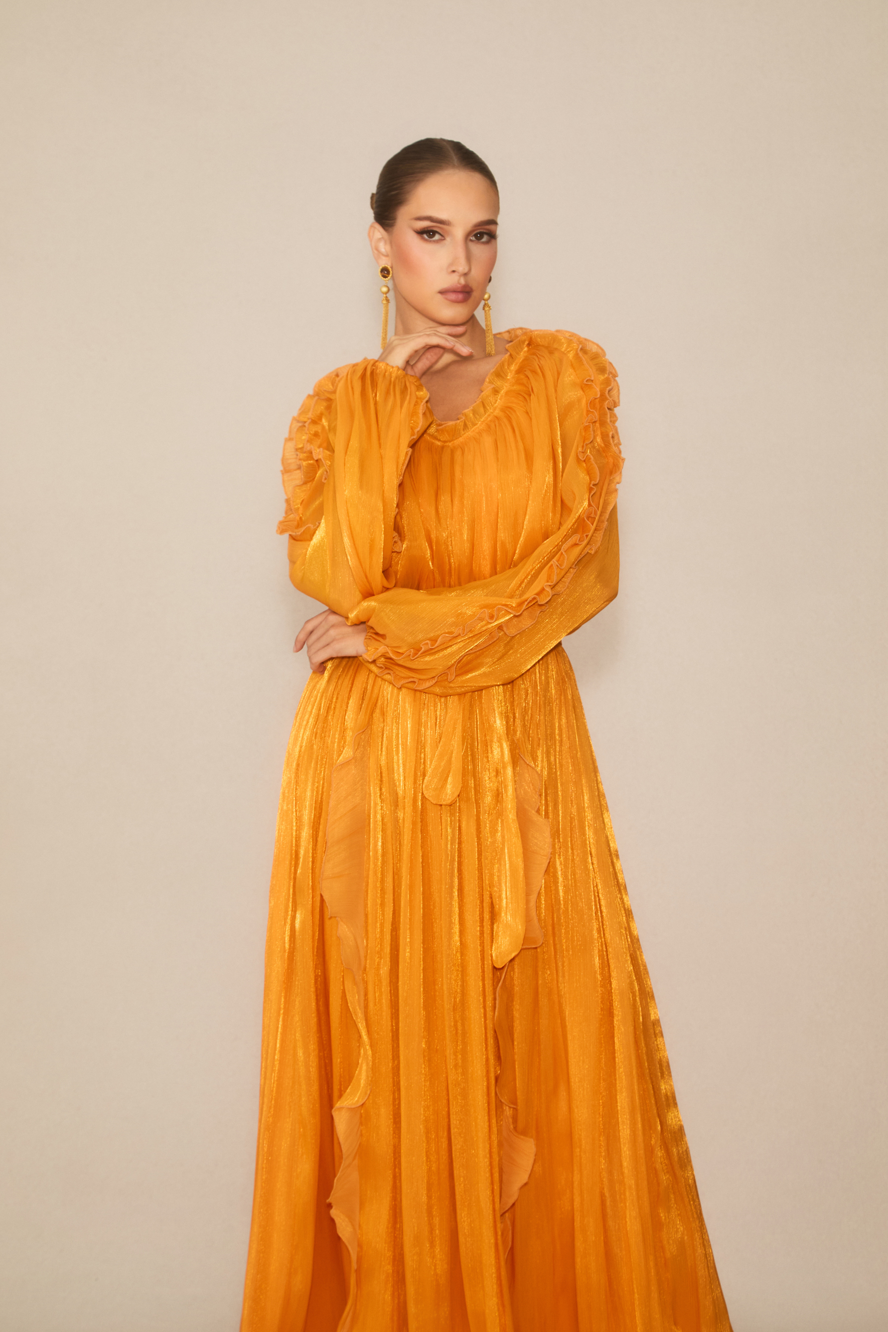 Attractive Radiance Orange V-Neck Ruffled Maxi Dress-purelyfable
