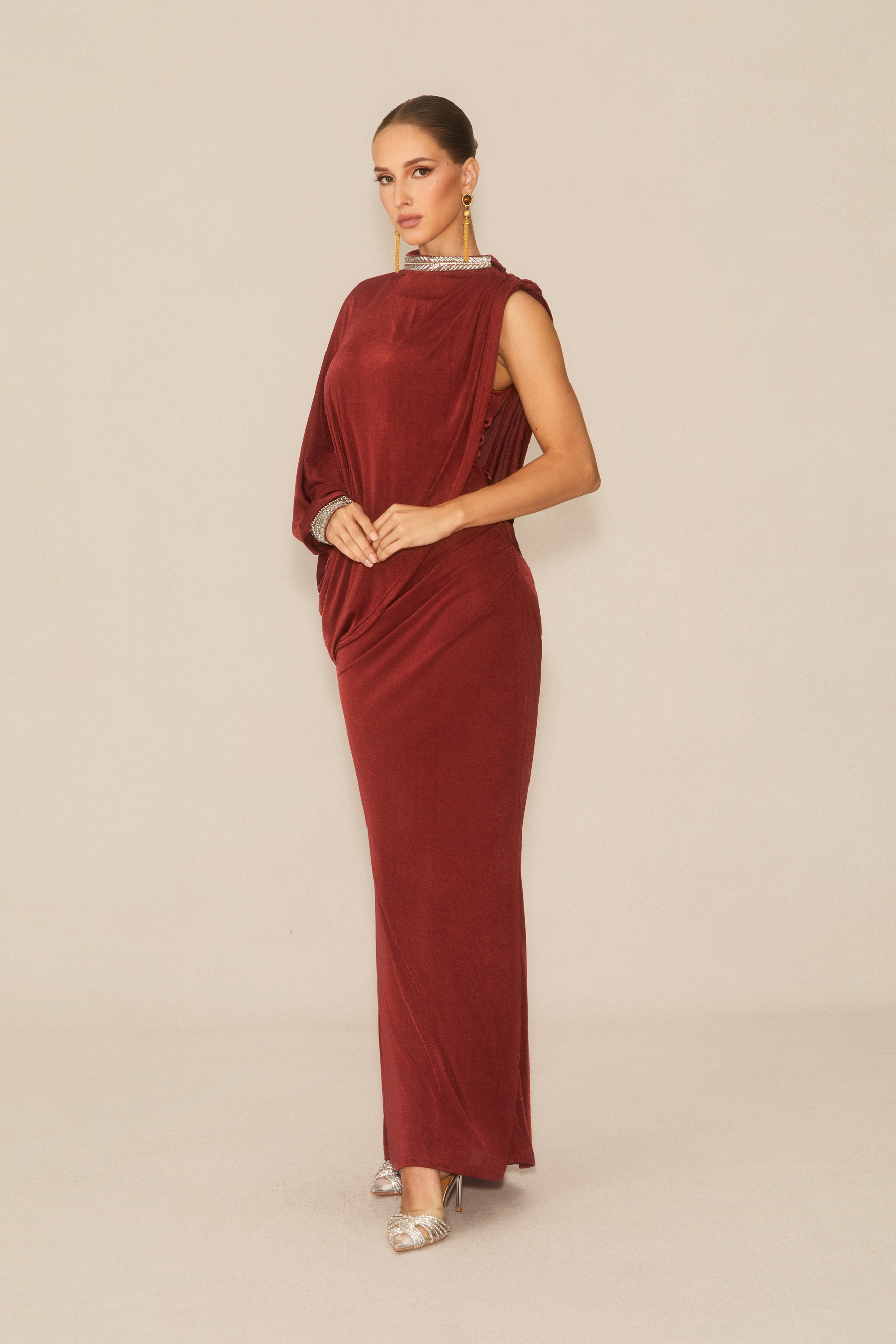 Feel The Romance Burgundy Crystal Embellished Asymmetric Maxi Dress-purelyfable