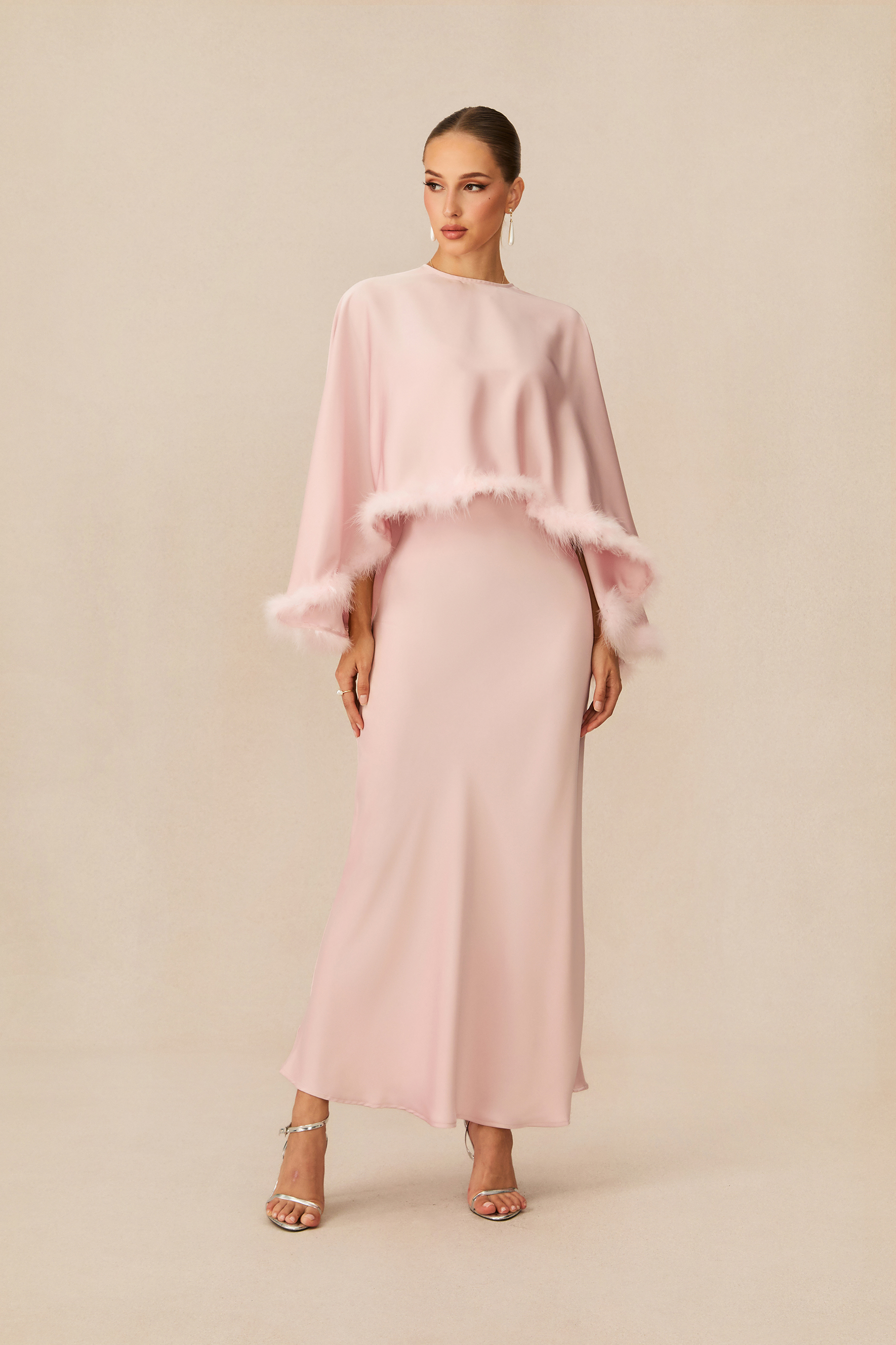Immaculate Love Pink Feather Trim Cape & Maxi Dress Set-purelyfable