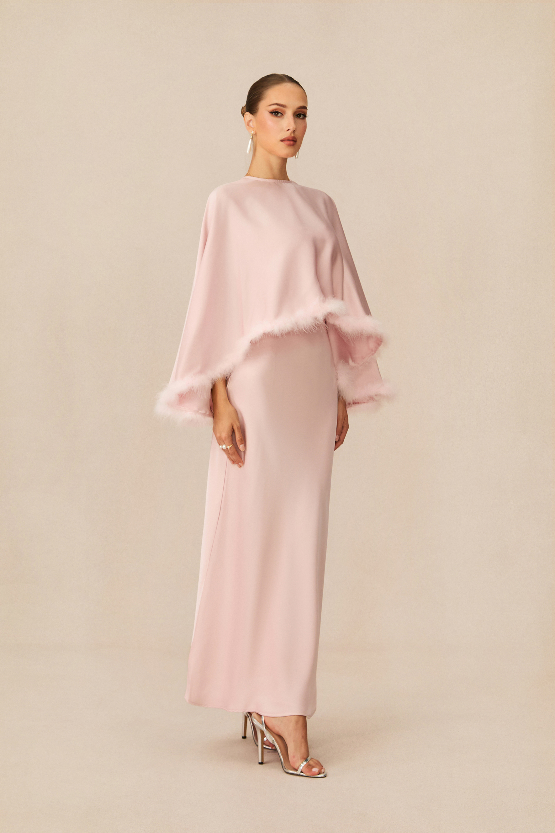 Immaculate Love Pink Feather Trim Cape & Maxi Dress Set-purelyfable