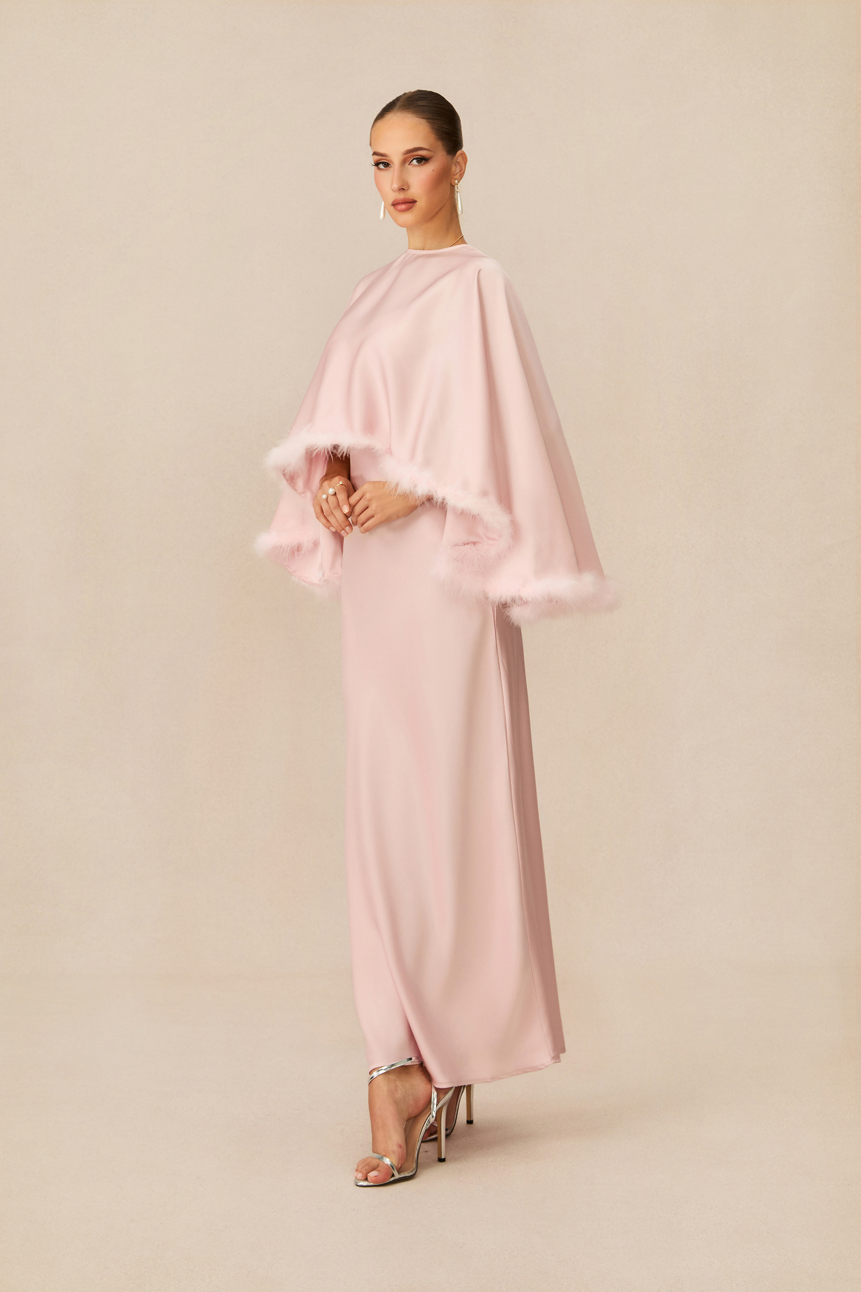 Immaculate Love Pink Feather Trim Cape & Maxi Dress Set-purelyfable