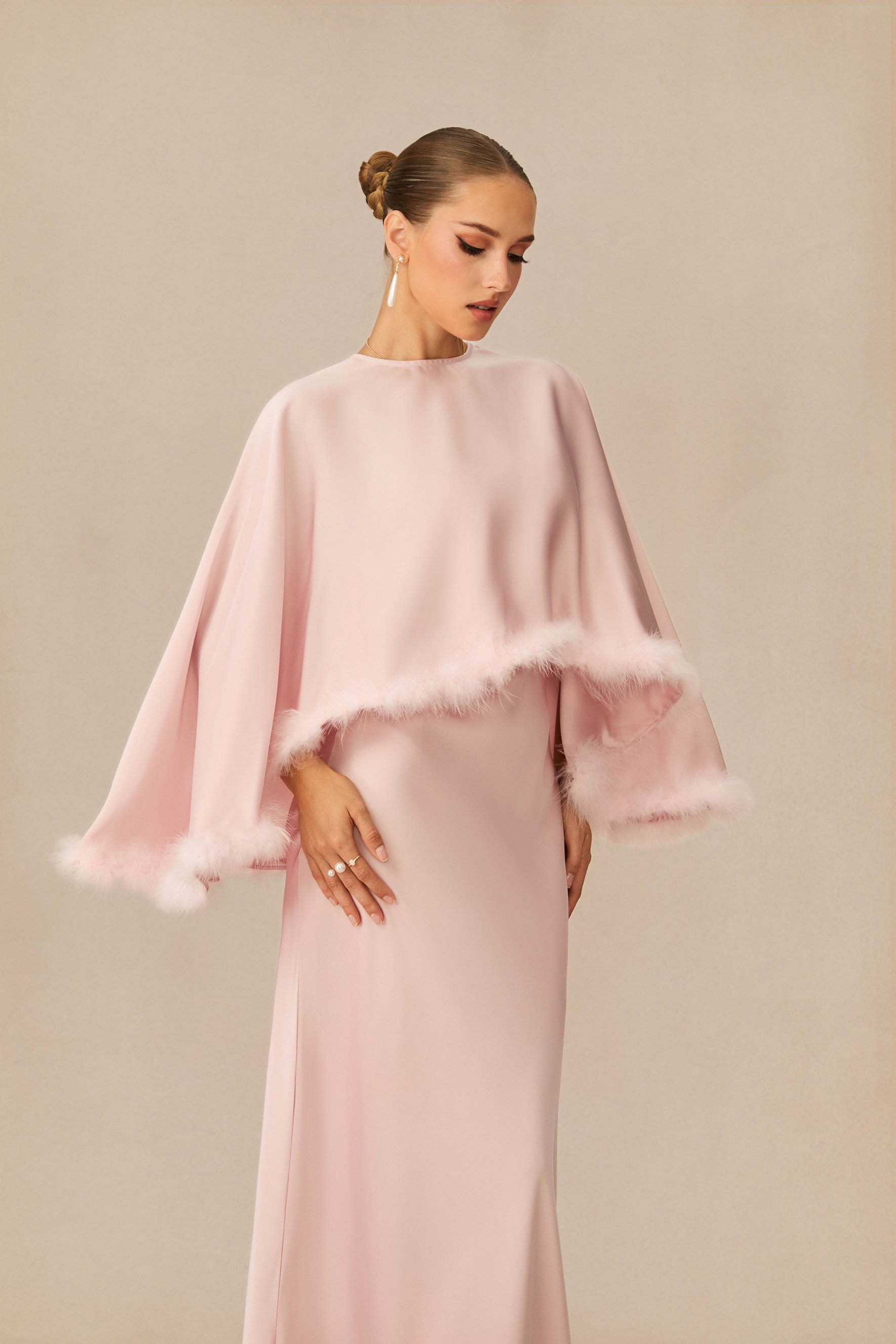 Immaculate Love Pink Feather Trim Cape & Maxi Dress Set-purelyfable