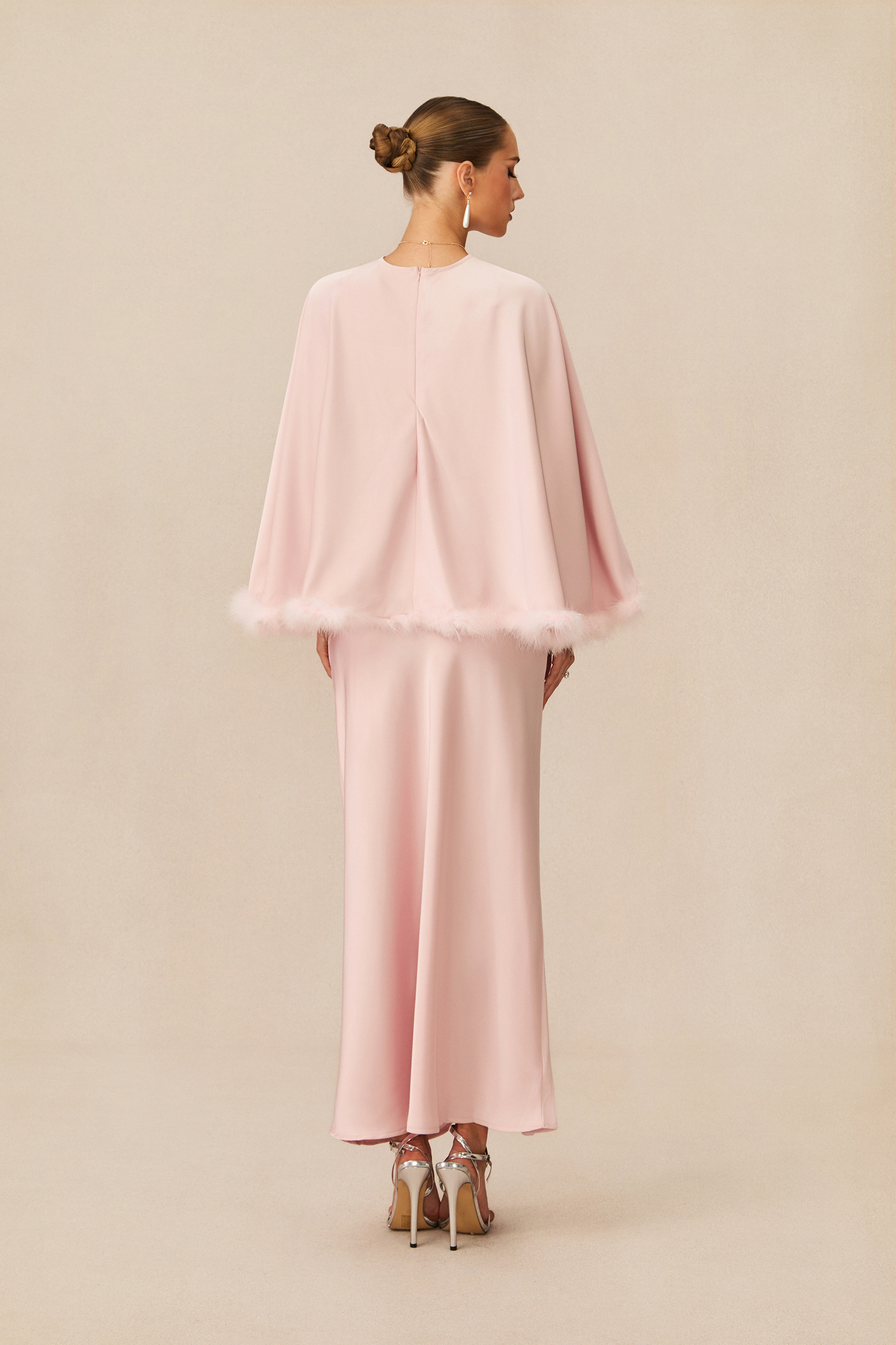 Immaculate Love Pink Feather Trim Cape & Maxi Dress Set-purelyfable