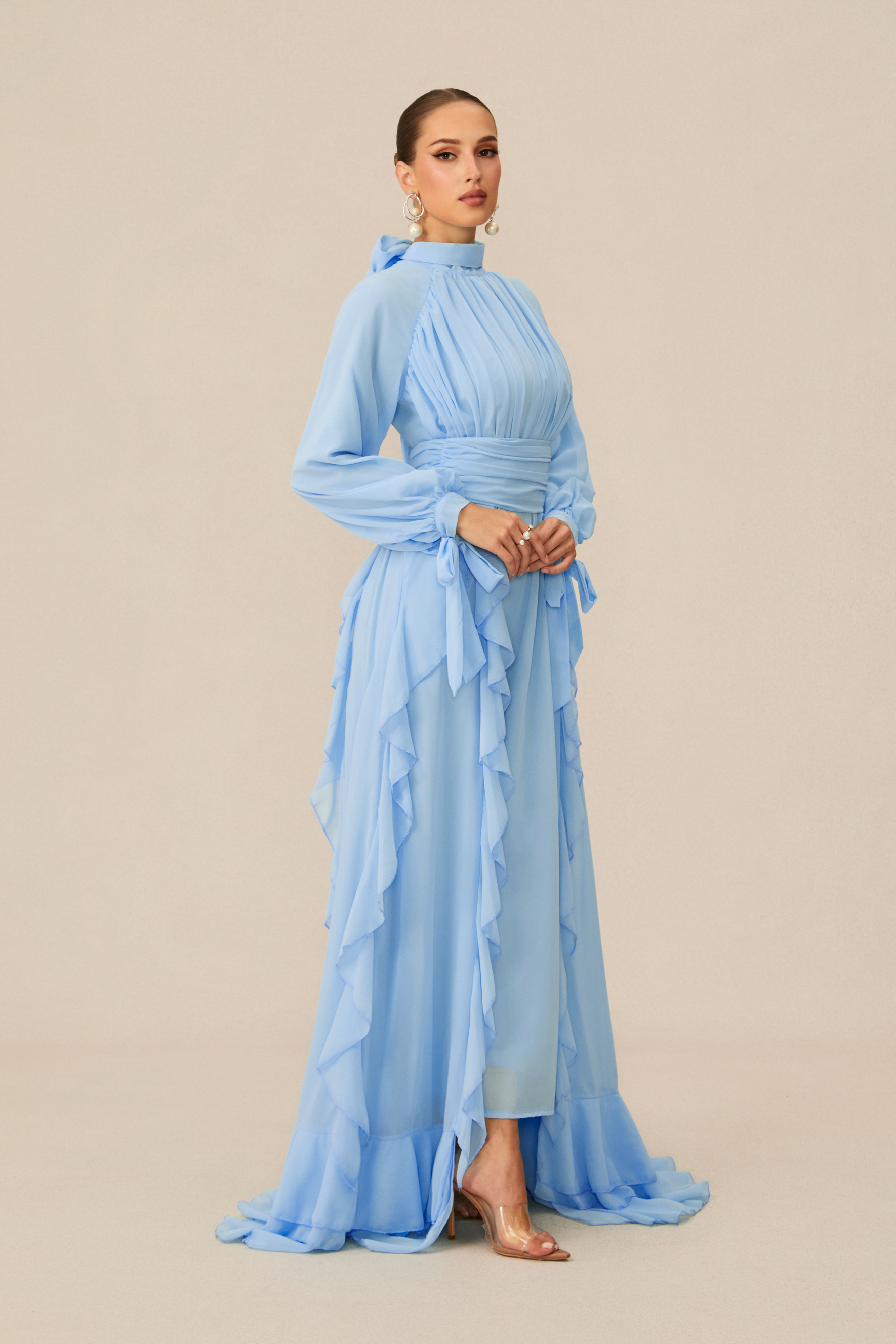 Luna Balloon Sleeve Ruffle Detail Chiffon Maxi Dress-purelyfable