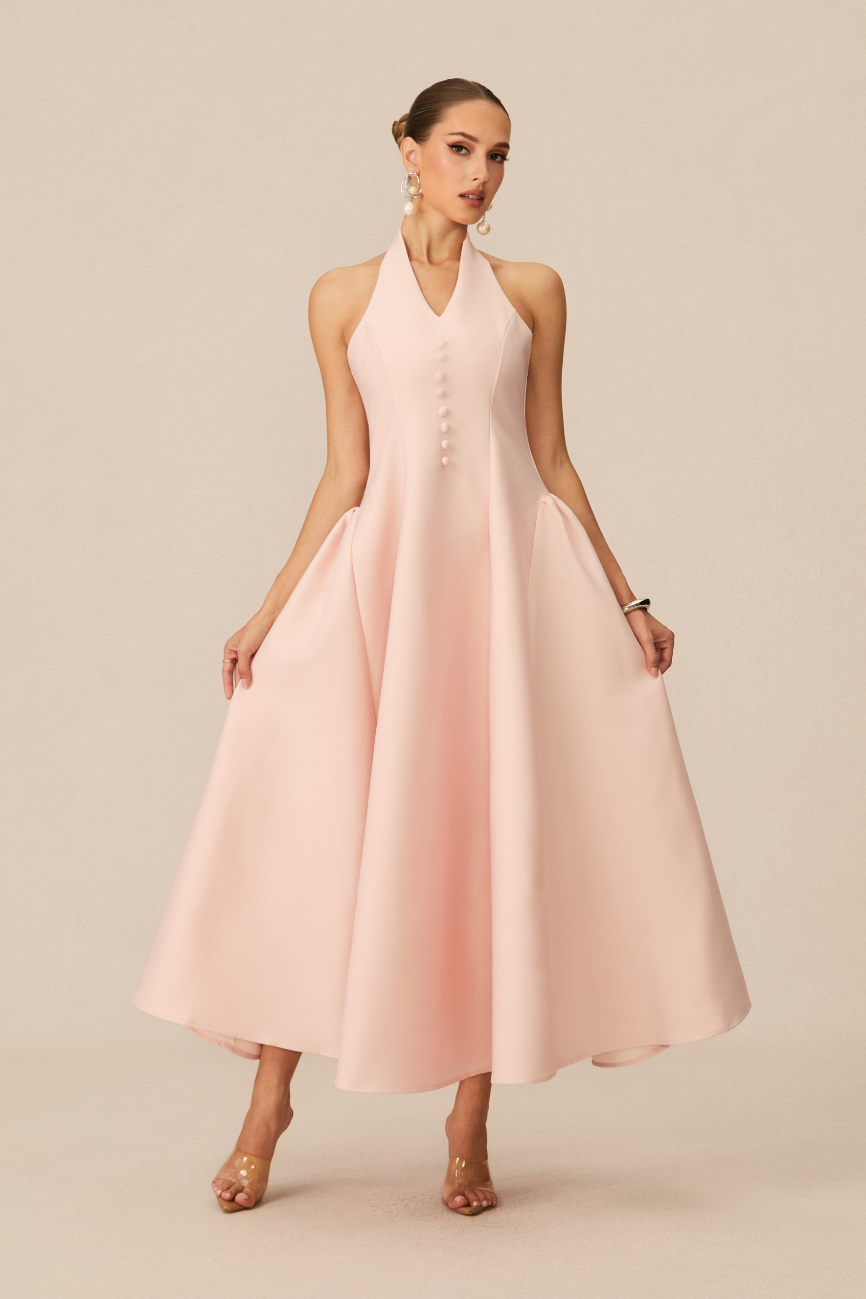 Prominent Charm Pink Halter A-Line Midi Dress-purelyfable