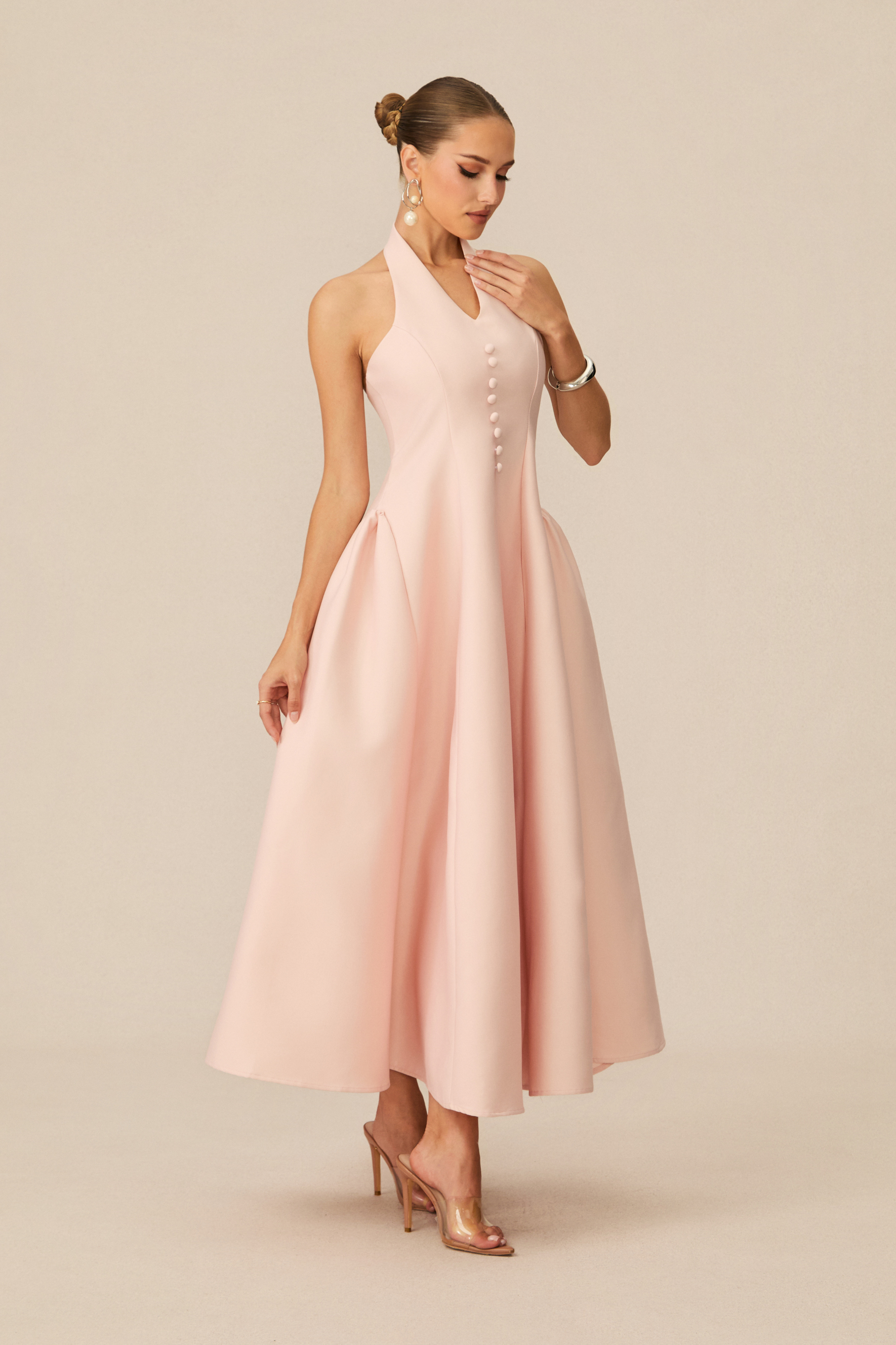 Prominent Charm Pink Halter A-Line Midi Dress-purelyfable