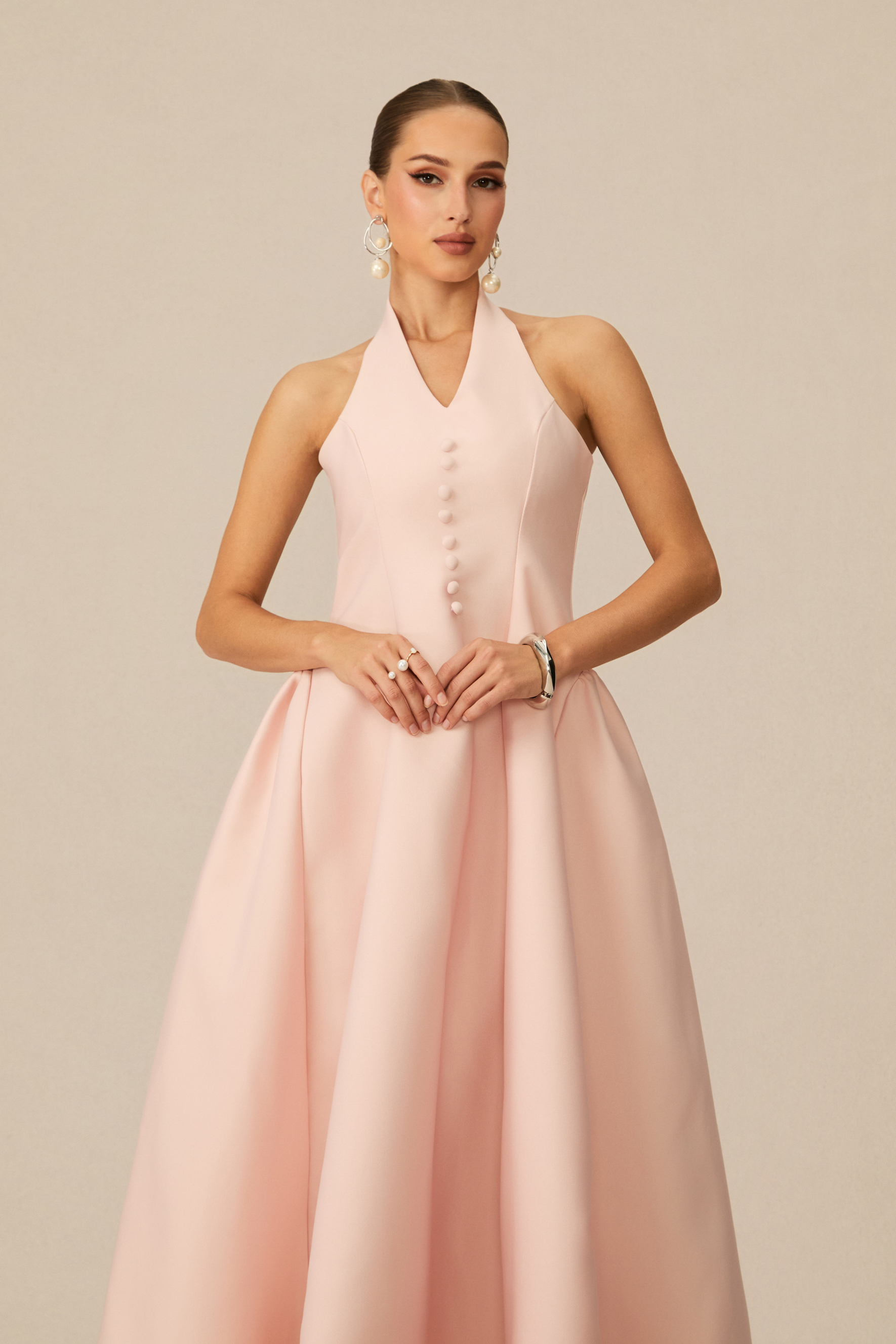 Prominent Charm Pink Halter A-Line Midi Dress-purelyfable