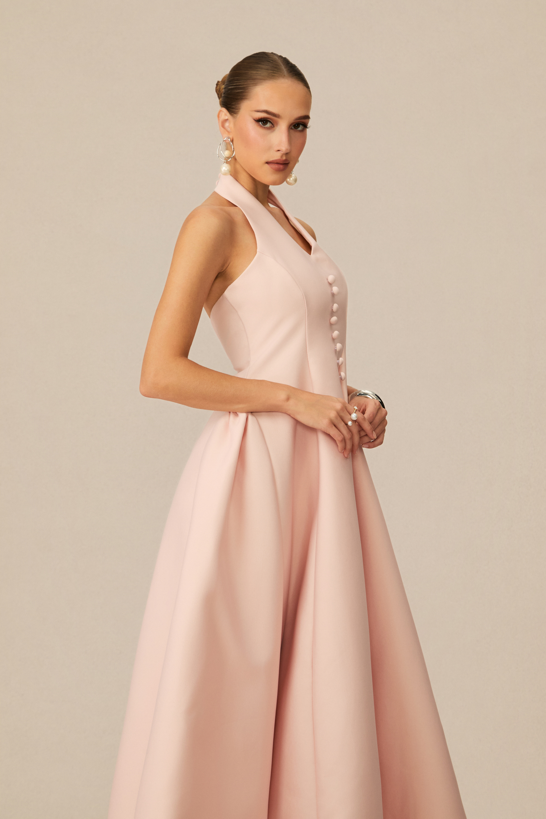 Prominent Charm Pink Halter A-Line Midi Dress-purelyfable