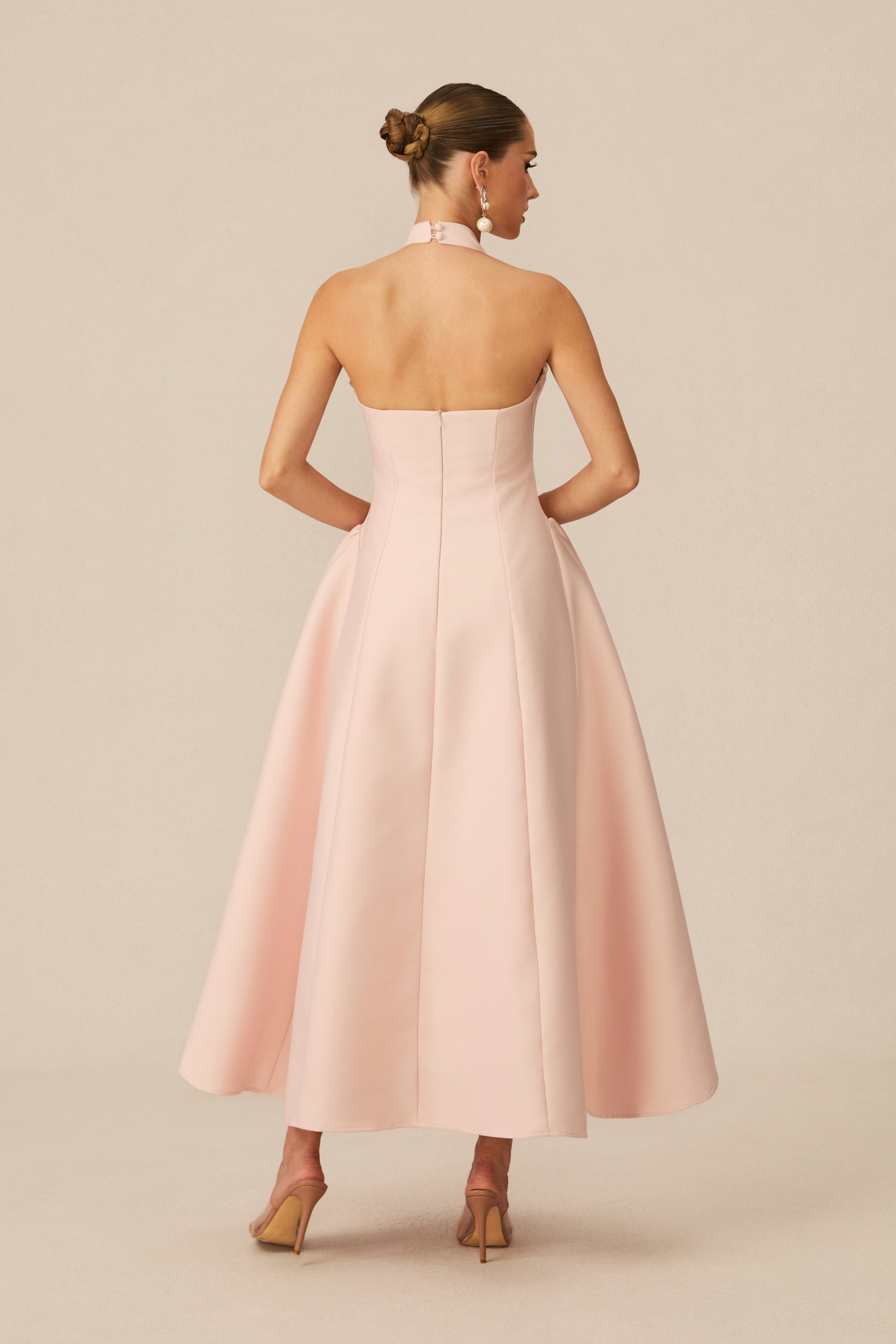 Prominent Charm Pink Halter A-Line Midi Dress-purelyfable
