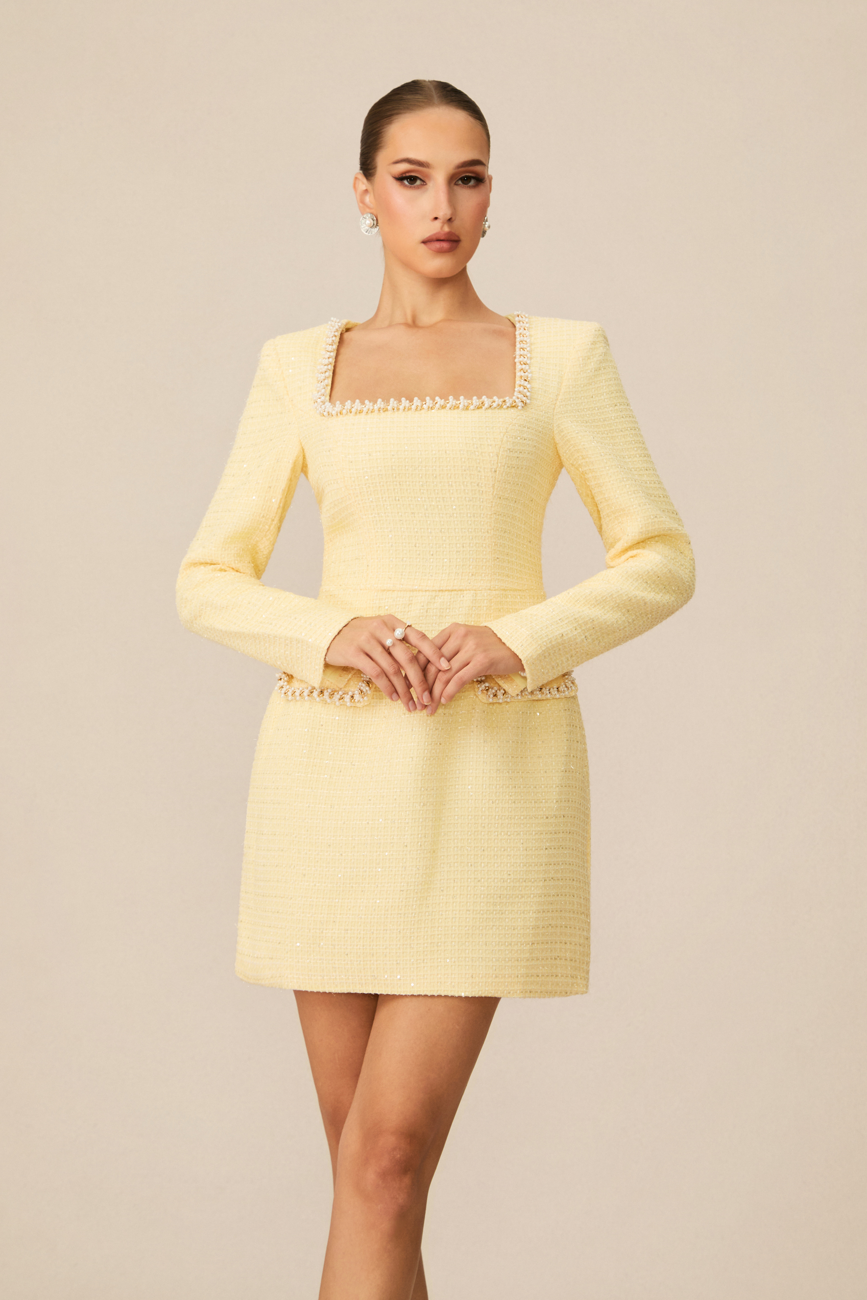 Isabela Pearl Trim Square Neck Tweed Mini Dress-purelyfable