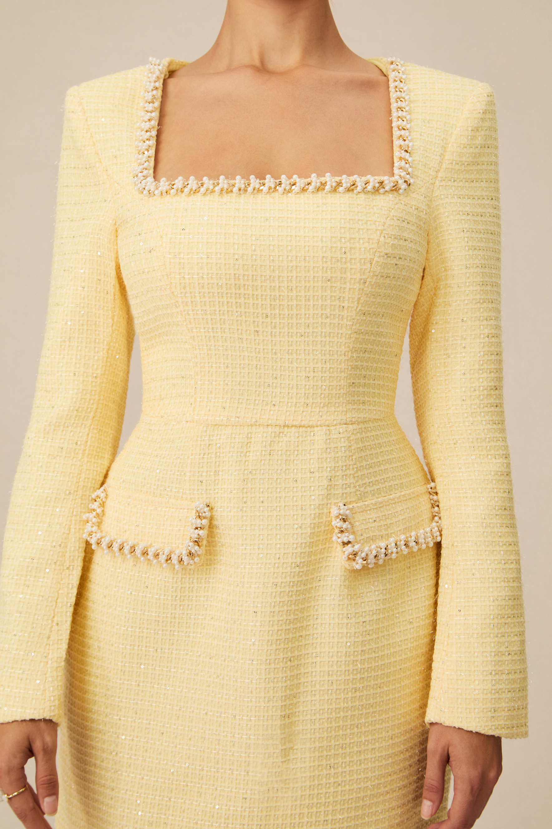 Isabela Pearl Trim Square Neck Tweed Mini Dress-purelyfable