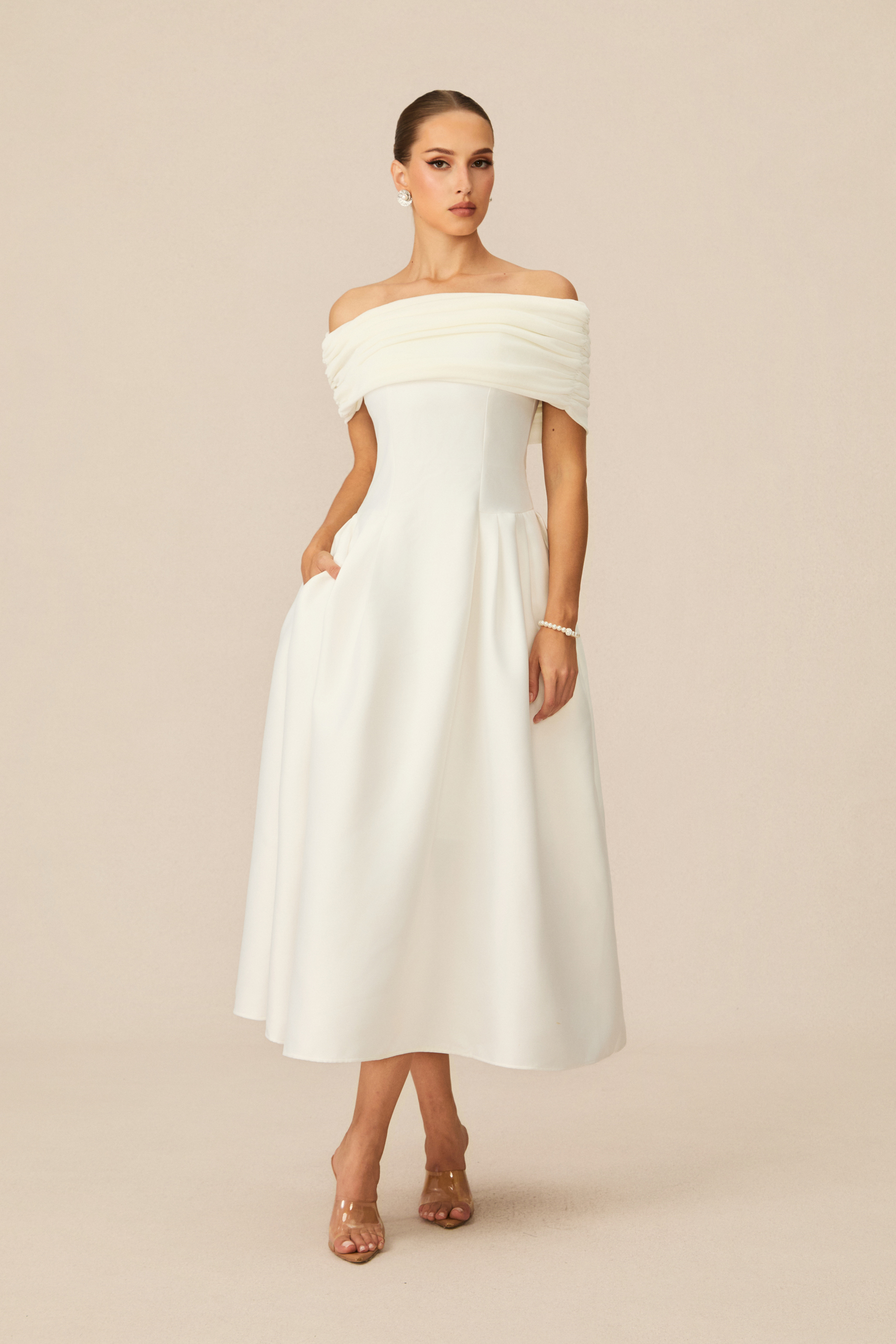 Vivian Off Shoulder Flare Satin Midi Dress-purelyfable