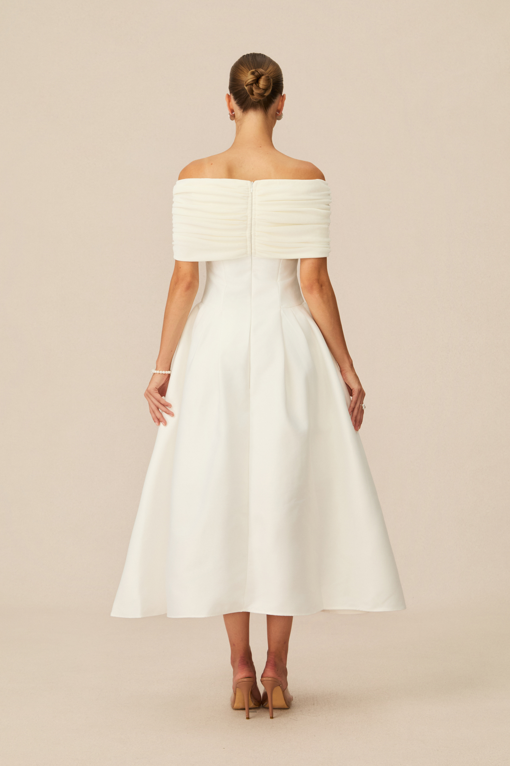 Vivian Off Shoulder Flare Satin Midi Dress-purelyfable