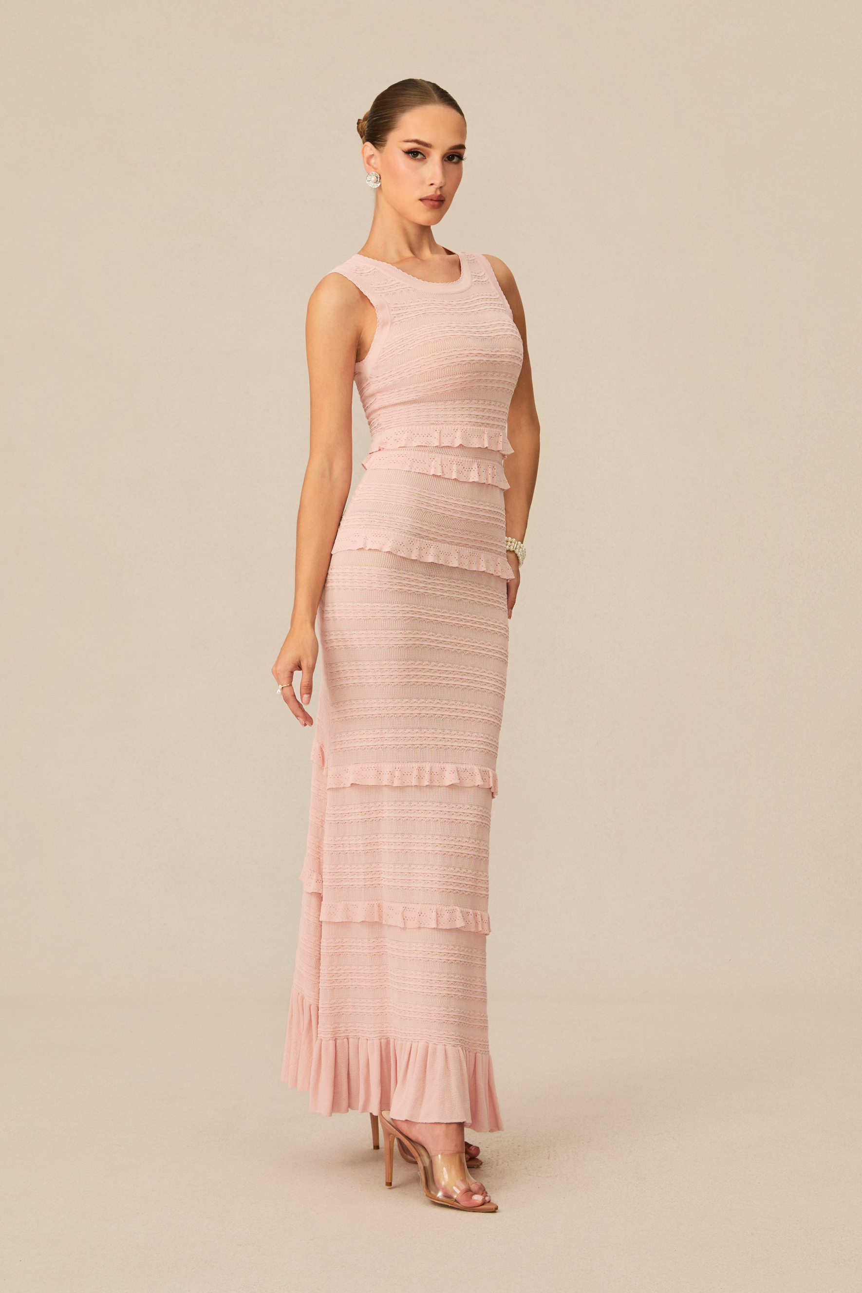 Cute Simplicity Pink Textured Knit Maxi Dress & Cardigan Set-purelyfable