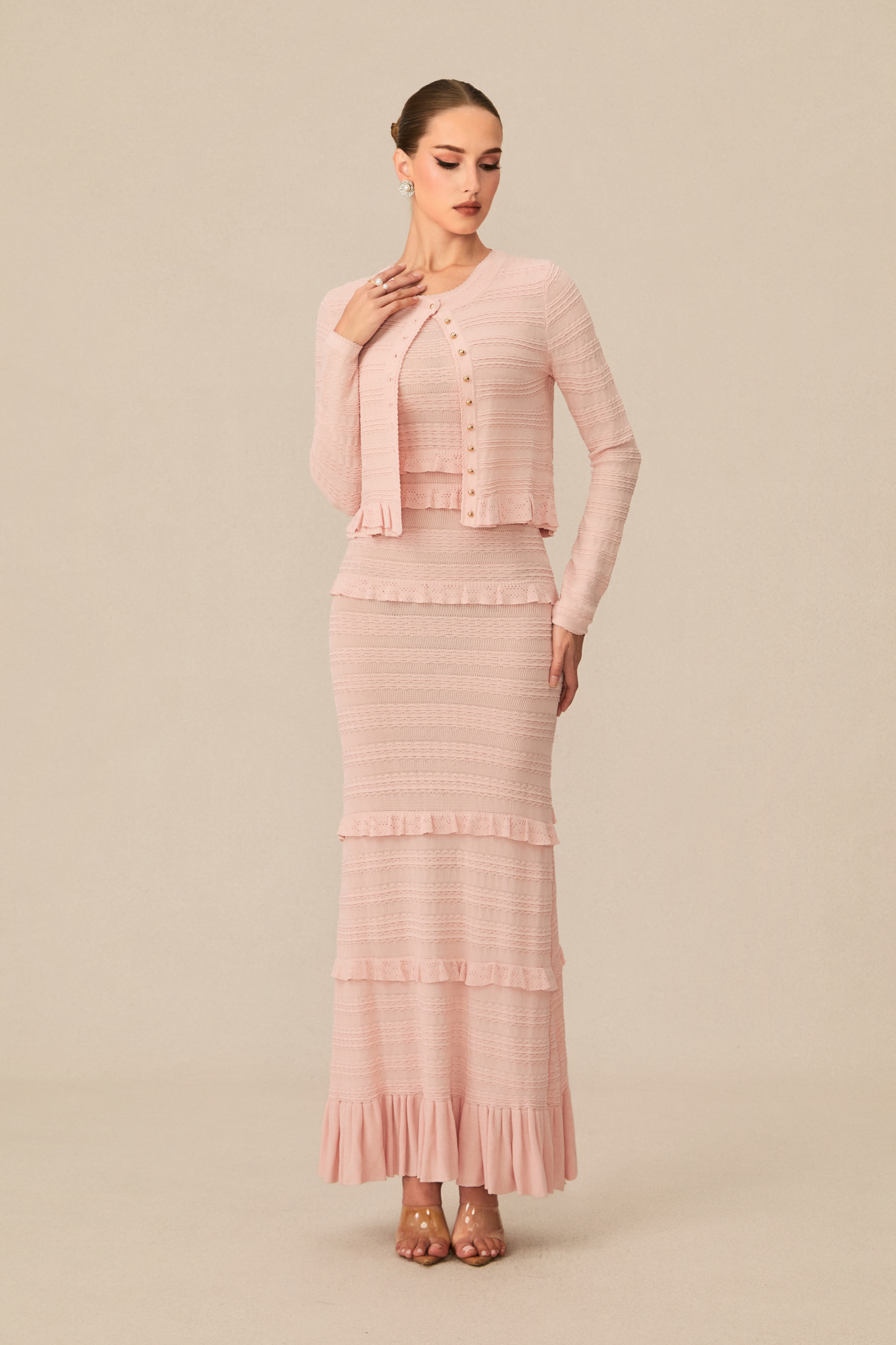 Cute Simplicity Pink Textured Knit Maxi Dress & Cardigan Set-purelyfable