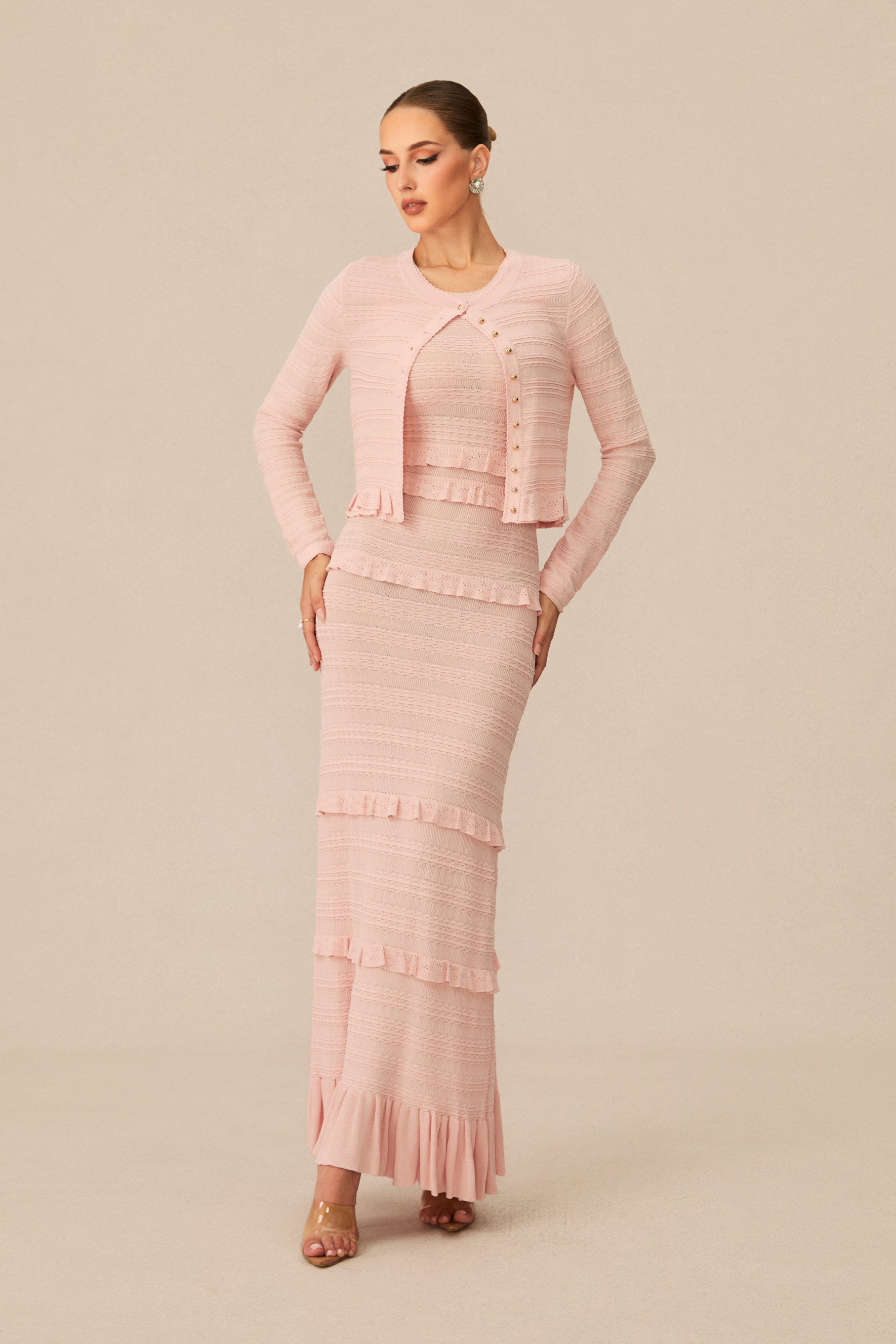 Cute Simplicity Pink Textured Knit Maxi Dress & Cardigan Set-purelyfable