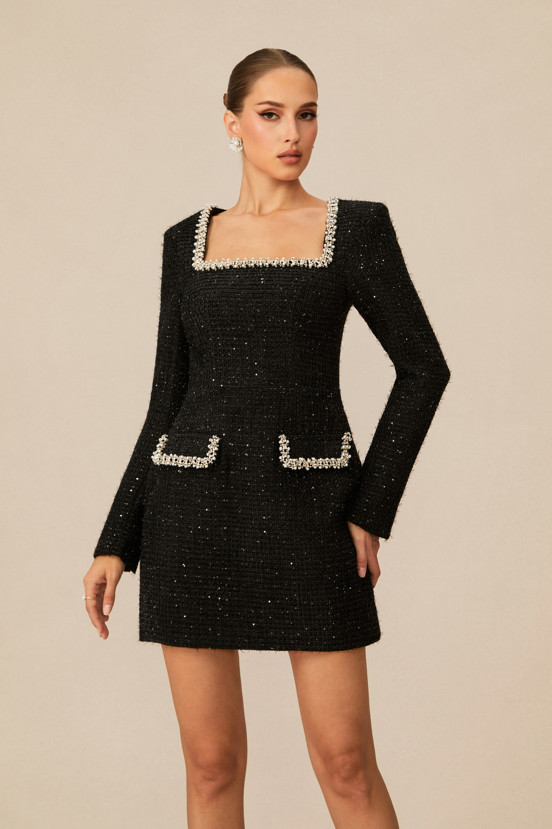 Isabela Pearl Trim Square Neck Tweed Mini Dress-purelyfable
