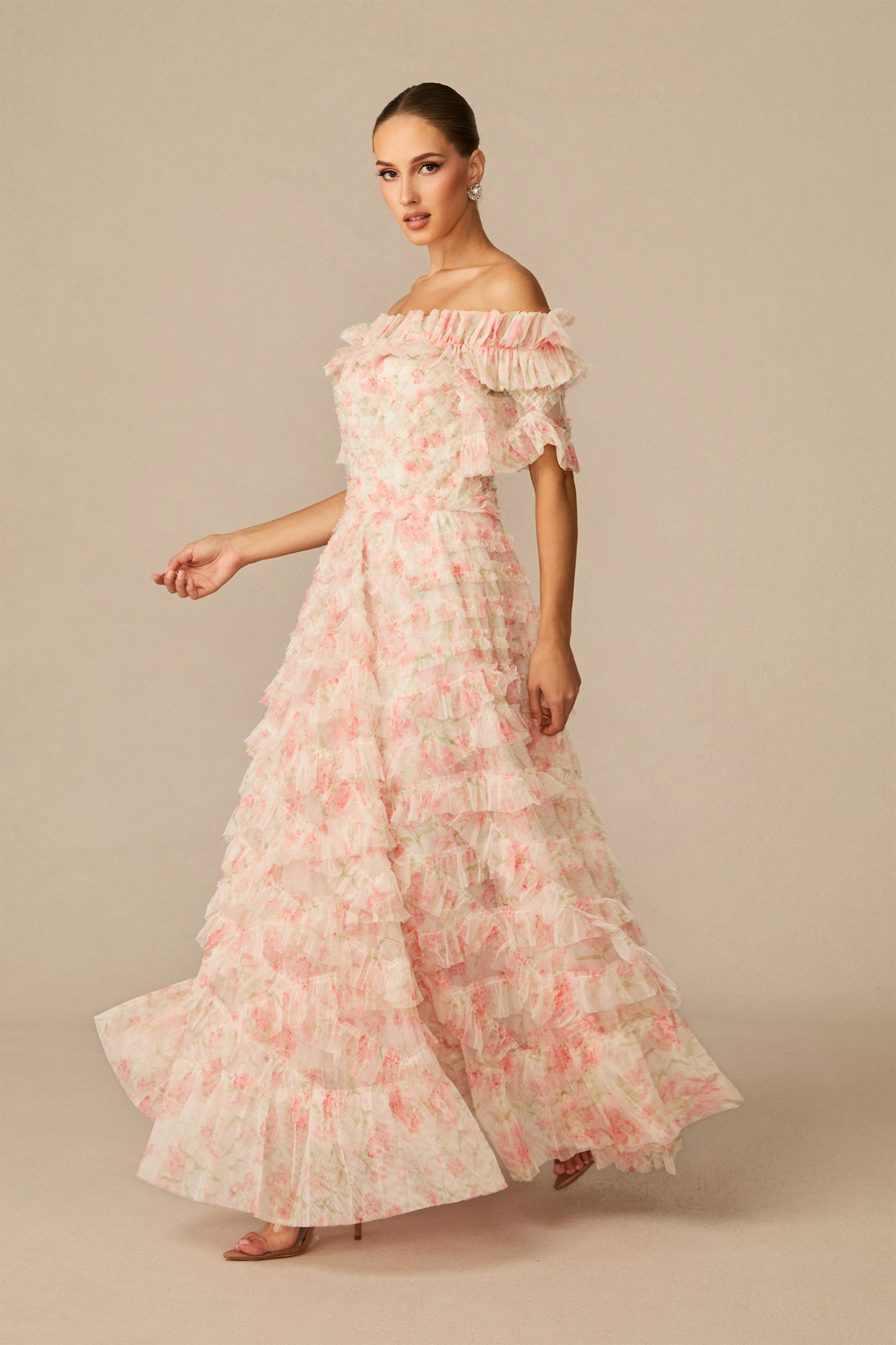 Romance Dreamer Pink Floral Print Off Shoulder Maxi Dress-purelyfable