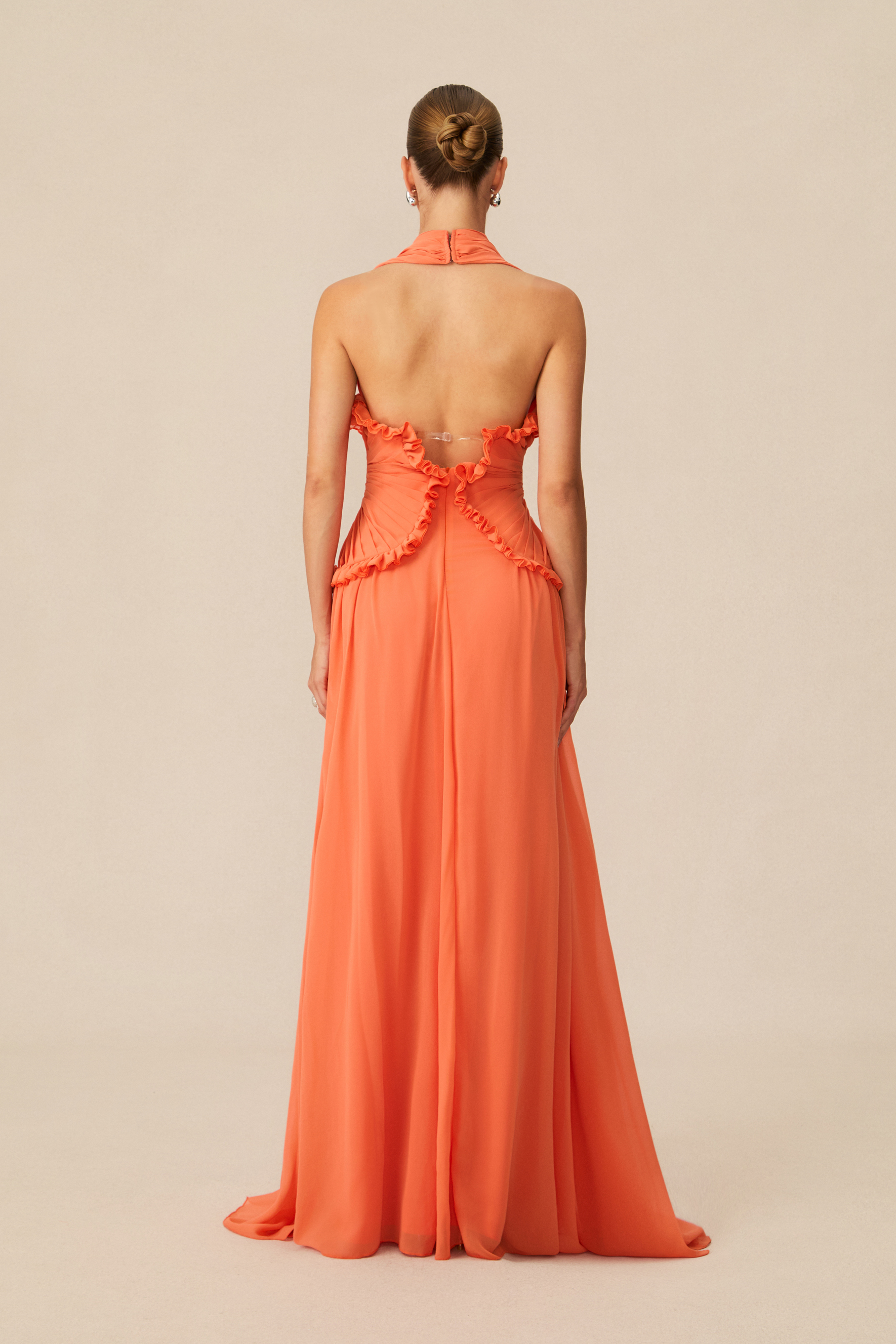 Aliza Halter Neck Ruffle Trim Maxi Dress-purelyfable
