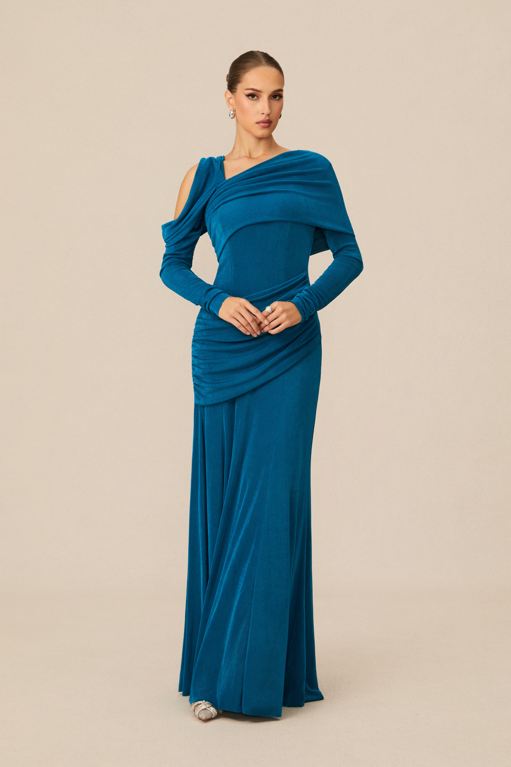 Judith Asymmetric Ruched Long Sleeve Maxi Dress-purelyfable