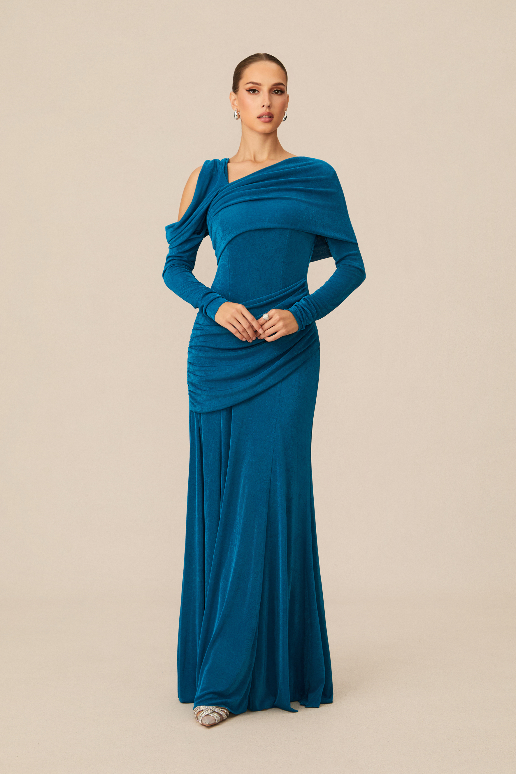 Judith Asymmetric Ruched Long Sleeve Maxi Dress-purelyfable