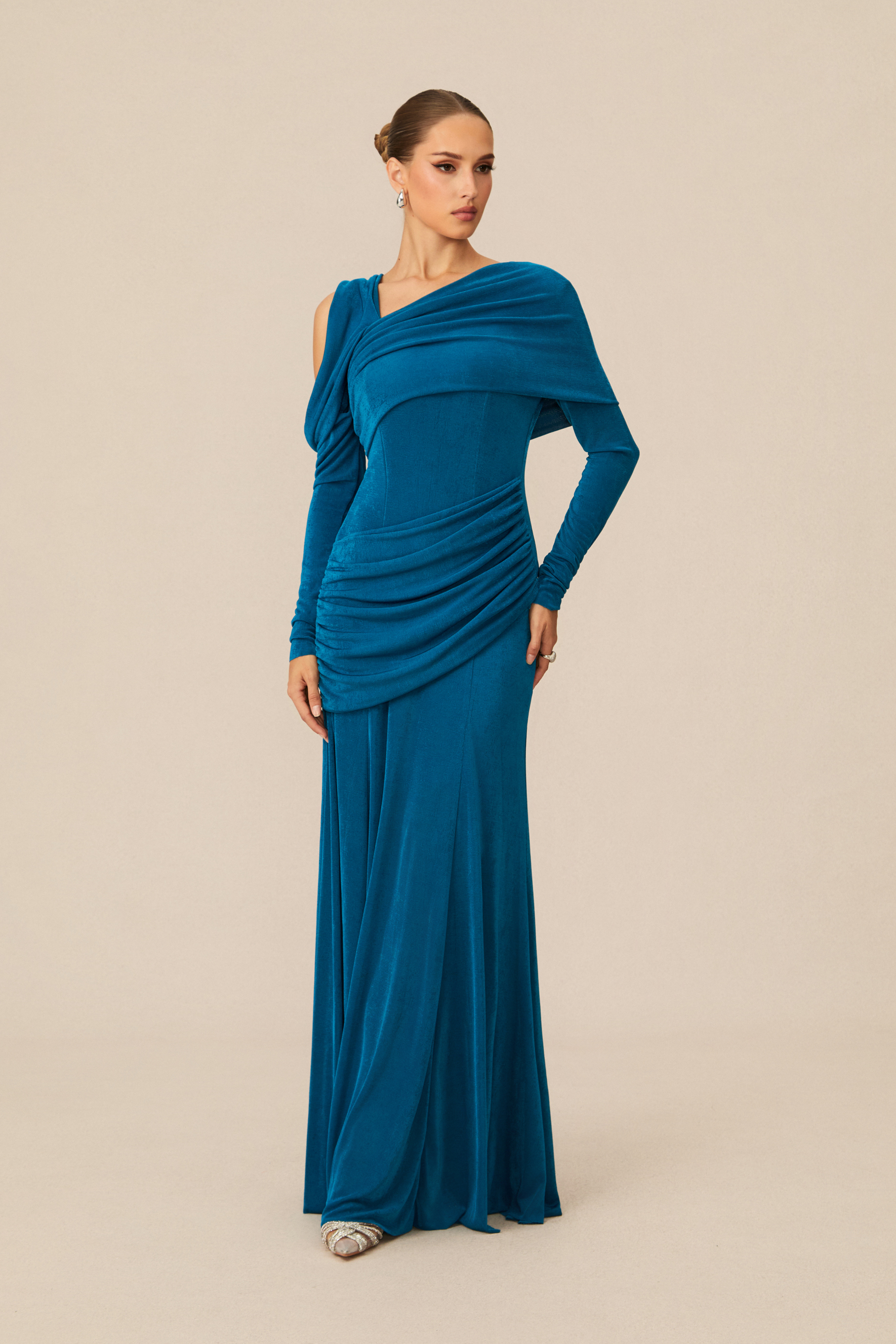 Judith Asymmetric Ruched Long Sleeve Maxi Dress-purelyfable